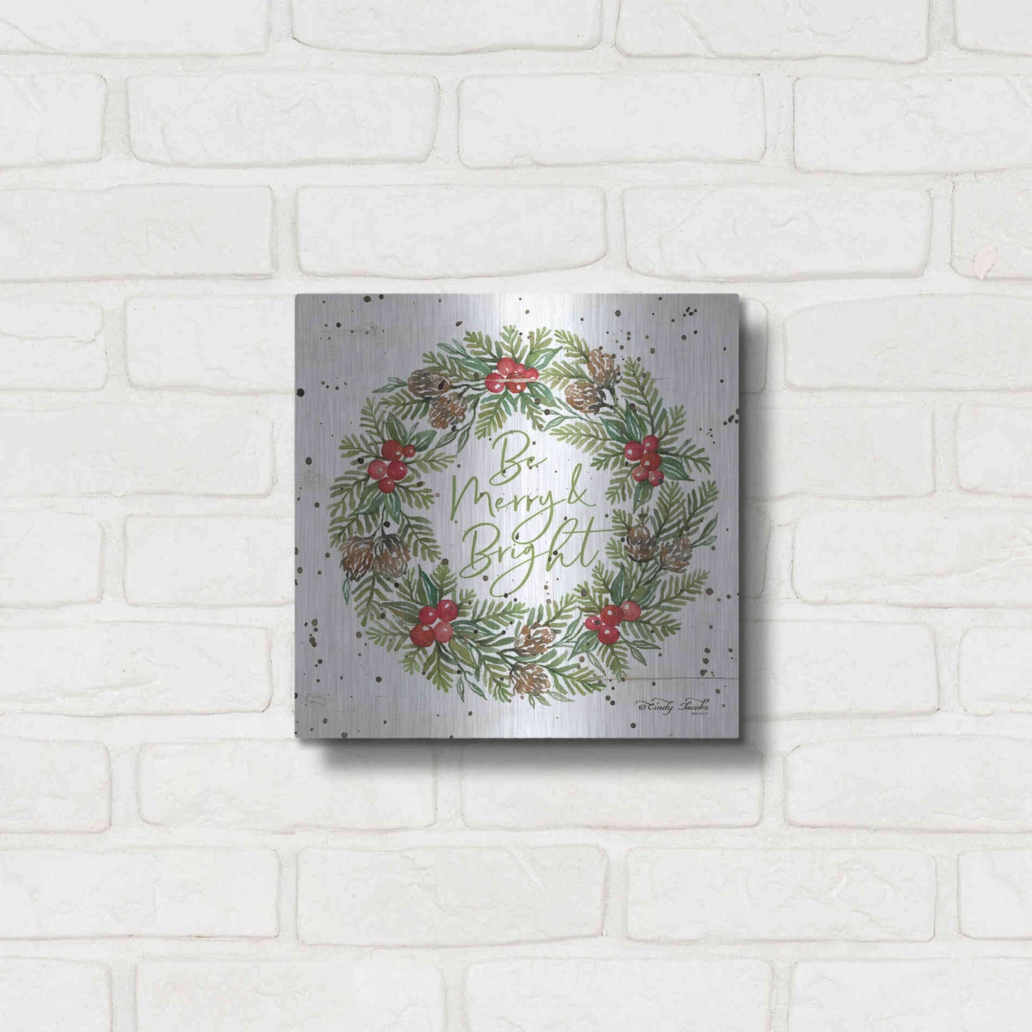Luxe Metal Art 'Be Merry & Bright Wreath' by Cindy Jacobs, Metal Wall Art,12x12