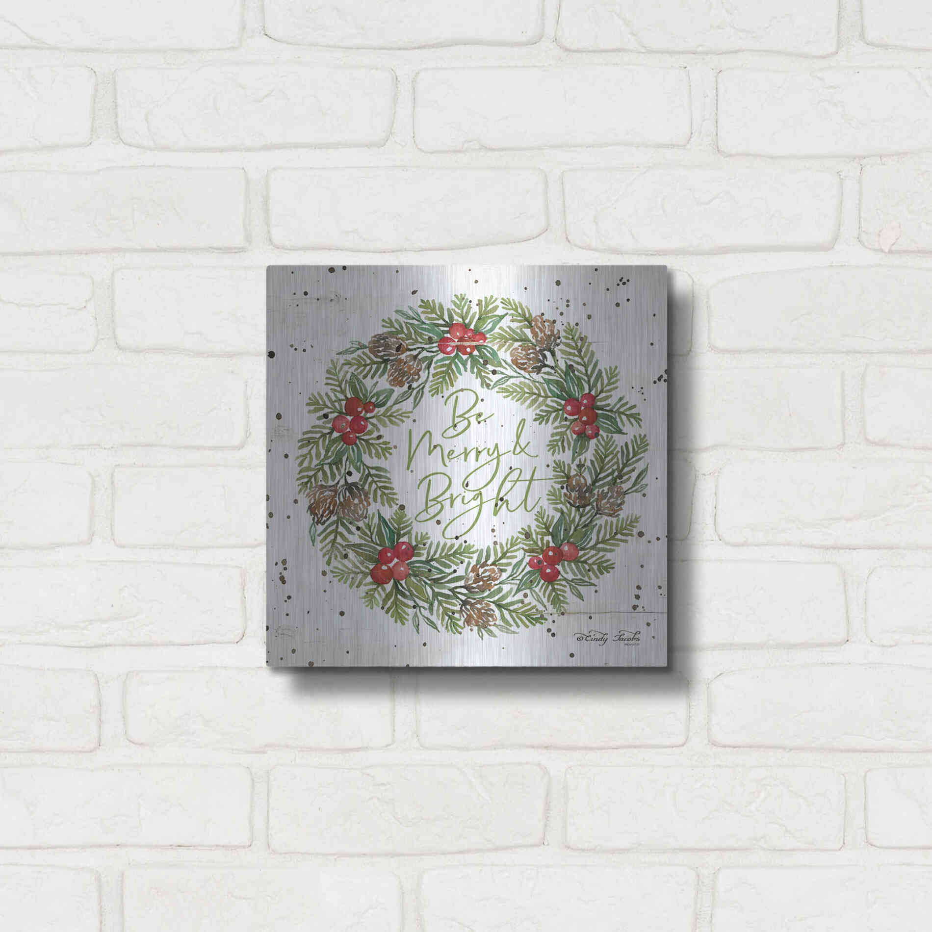Luxe Metal Art 'Be Merry & Bright Wreath' by Cindy Jacobs, Metal Wall Art,12x12