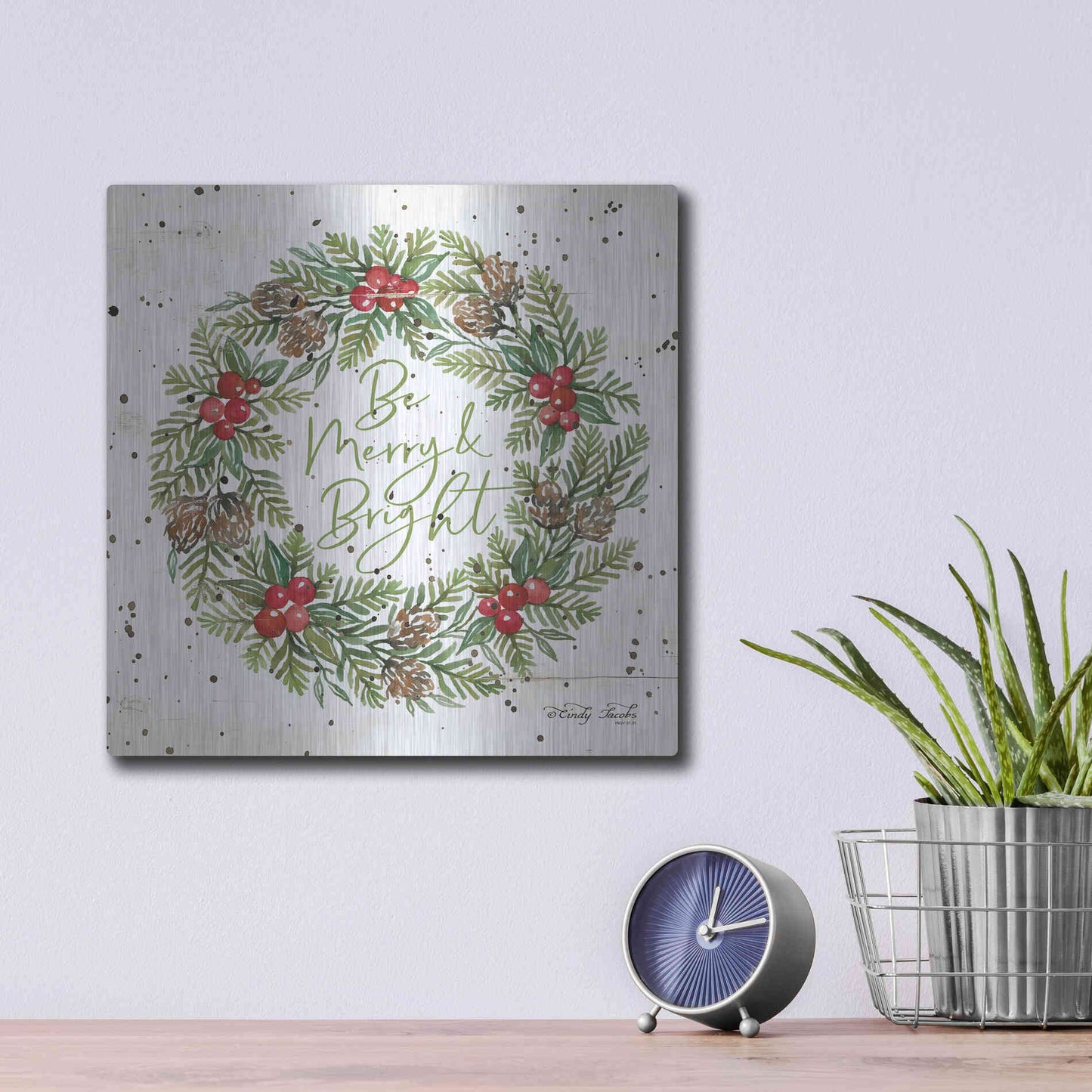 Luxe Metal Art 'Be Merry & Bright Wreath' by Cindy Jacobs, Metal Wall Art,12x12