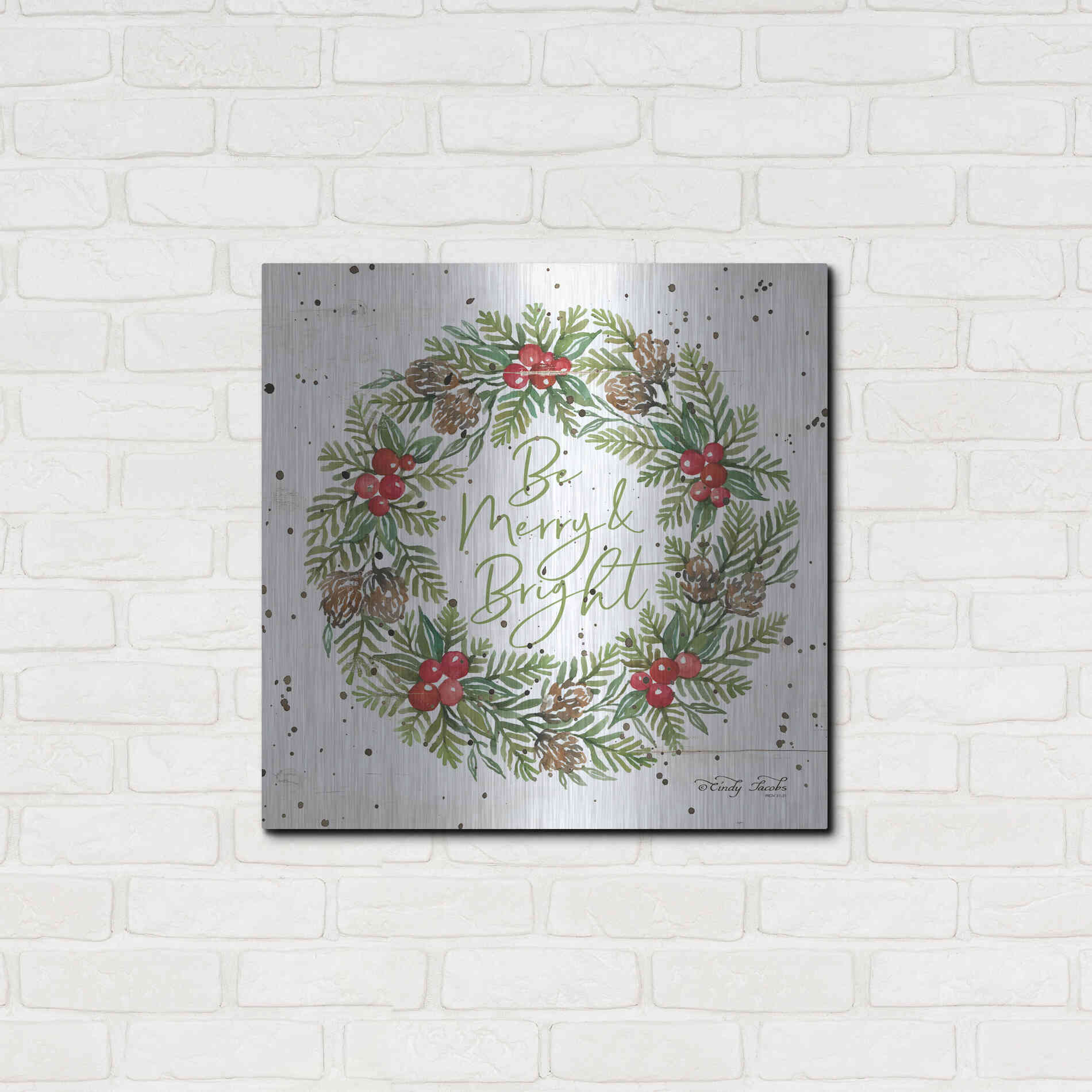 Luxe Metal Art 'Be Merry & Bright Wreath' by Cindy Jacobs, Metal Wall Art,24x24