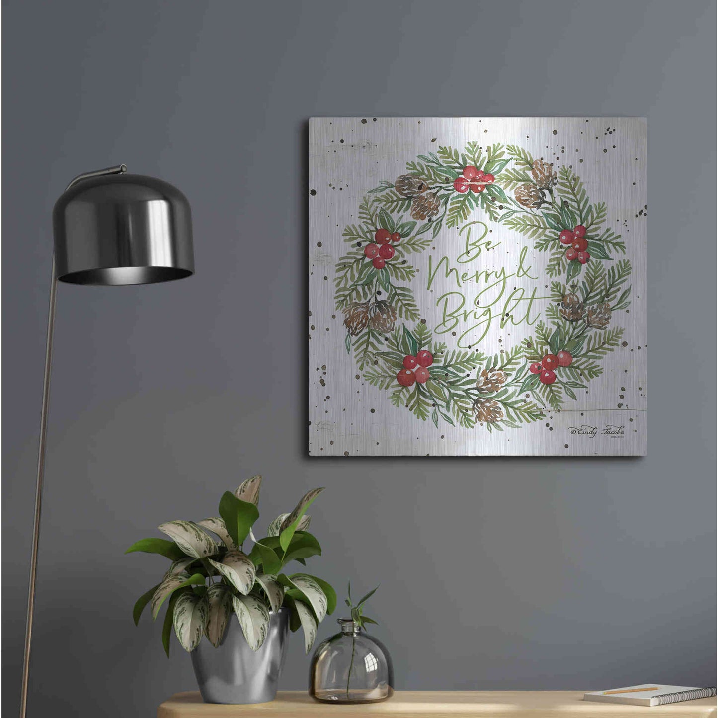 Luxe Metal Art 'Be Merry & Bright Wreath' by Cindy Jacobs, Metal Wall Art,24x24