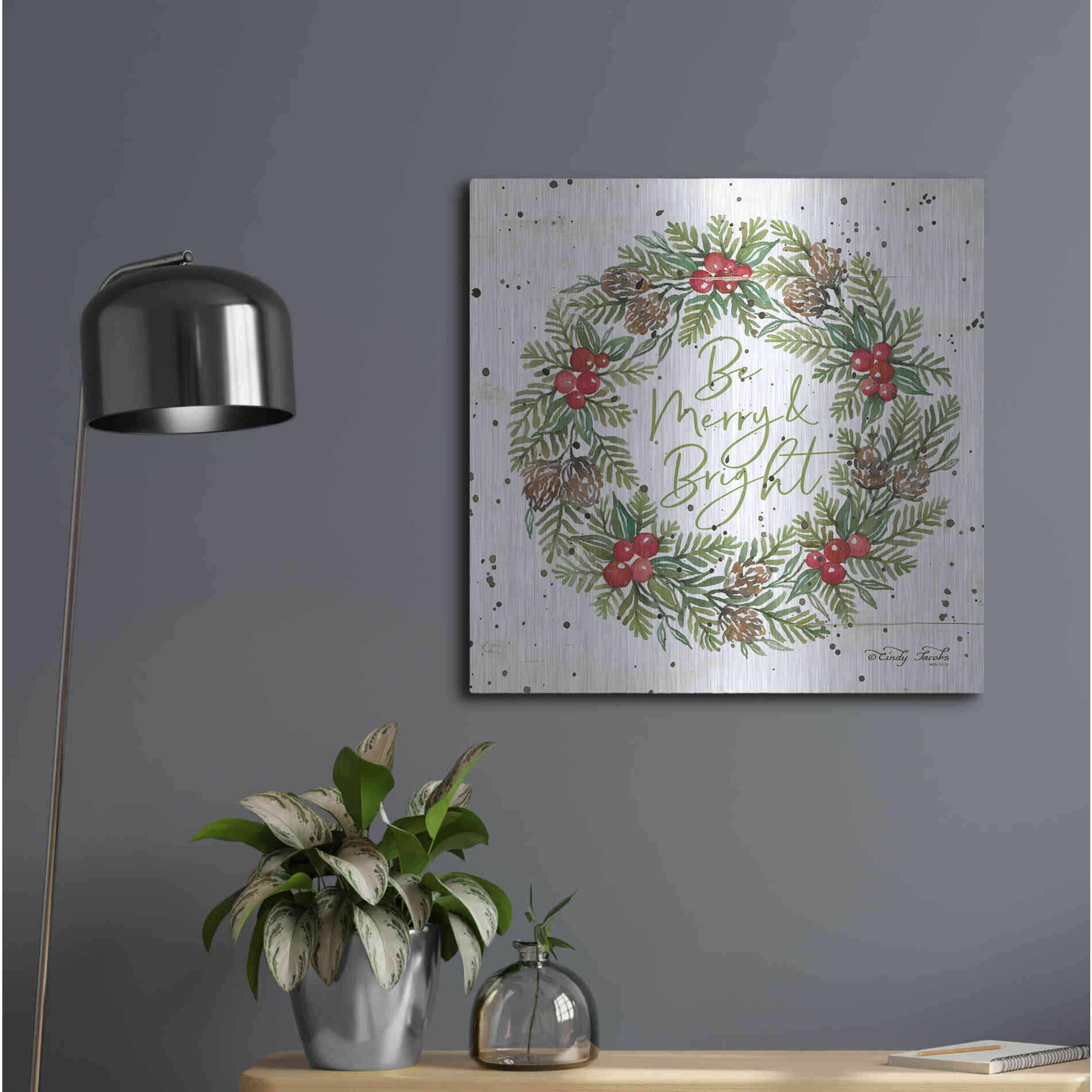 Luxe Metal Art 'Be Merry & Bright Wreath' by Cindy Jacobs, Metal Wall Art,24x24