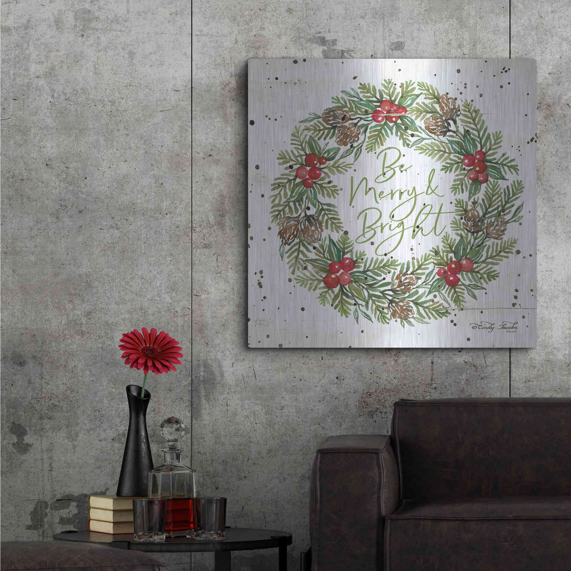 Luxe Metal Art 'Be Merry & Bright Wreath' by Cindy Jacobs, Metal Wall Art,36x36