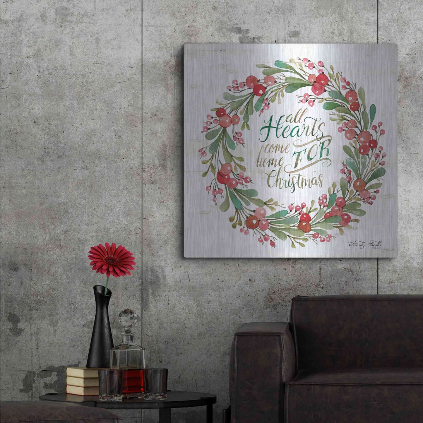 Luxe Metal Art 'All Hearts Come Home for Christmas Berry Wreath' by Cindy Jacobs, Metal Wall Art,36x36