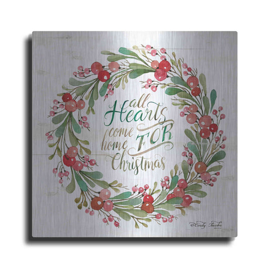 Luxe Metal Art 'All Hearts Come Home for Christmas Berry Wreath' by Cindy Jacobs, Metal Wall Art