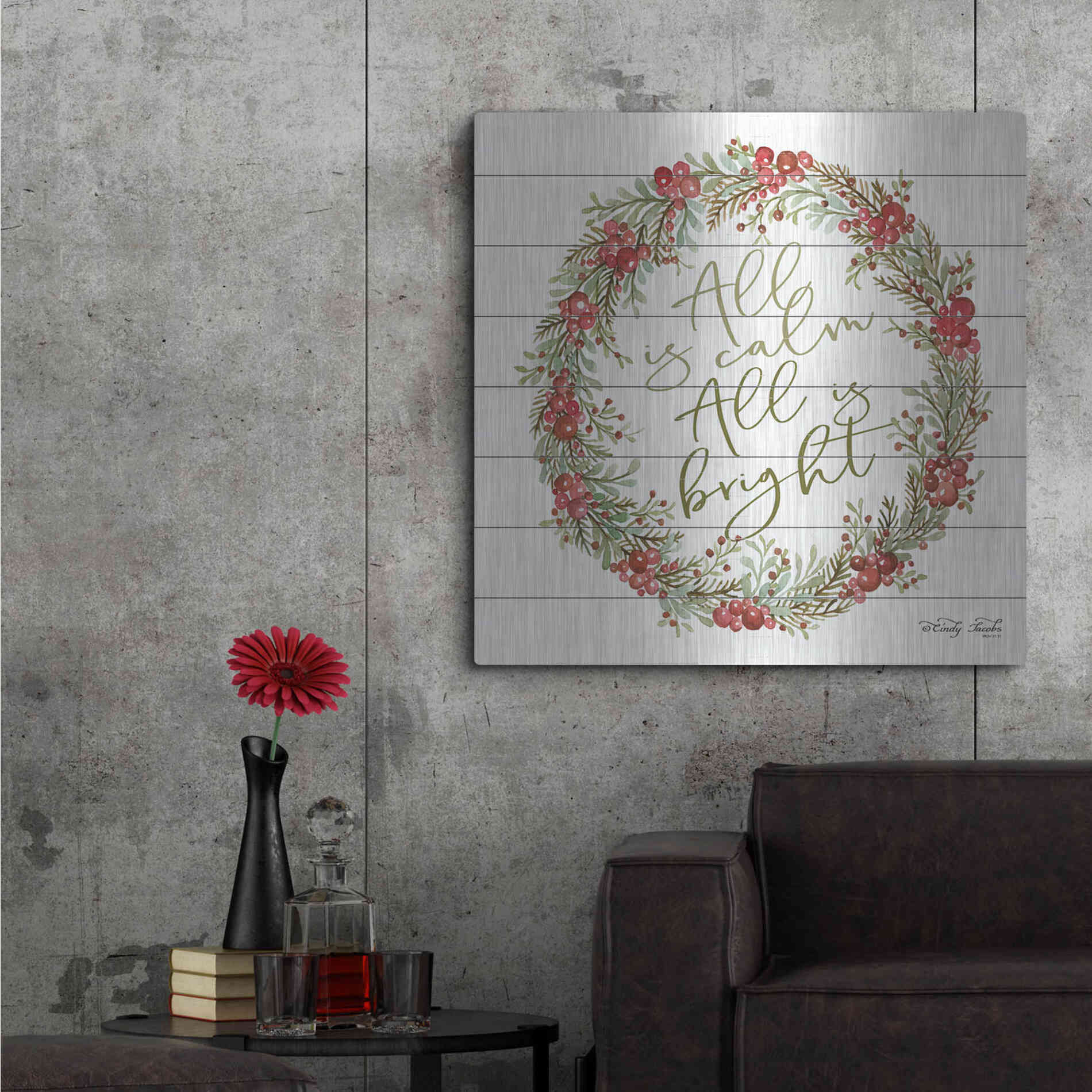 Luxe Metal Art 'All is Calm Berry Wreath' by Cindy Jacobs, Metal Wall Art,36x36