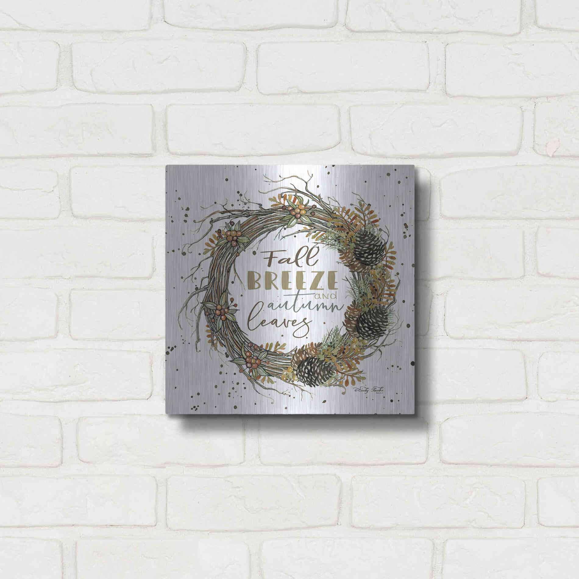 Luxe Metal Art 'Fall Breeze Wreath' by Cindy Jacobs, Metal Wall Art,12x12