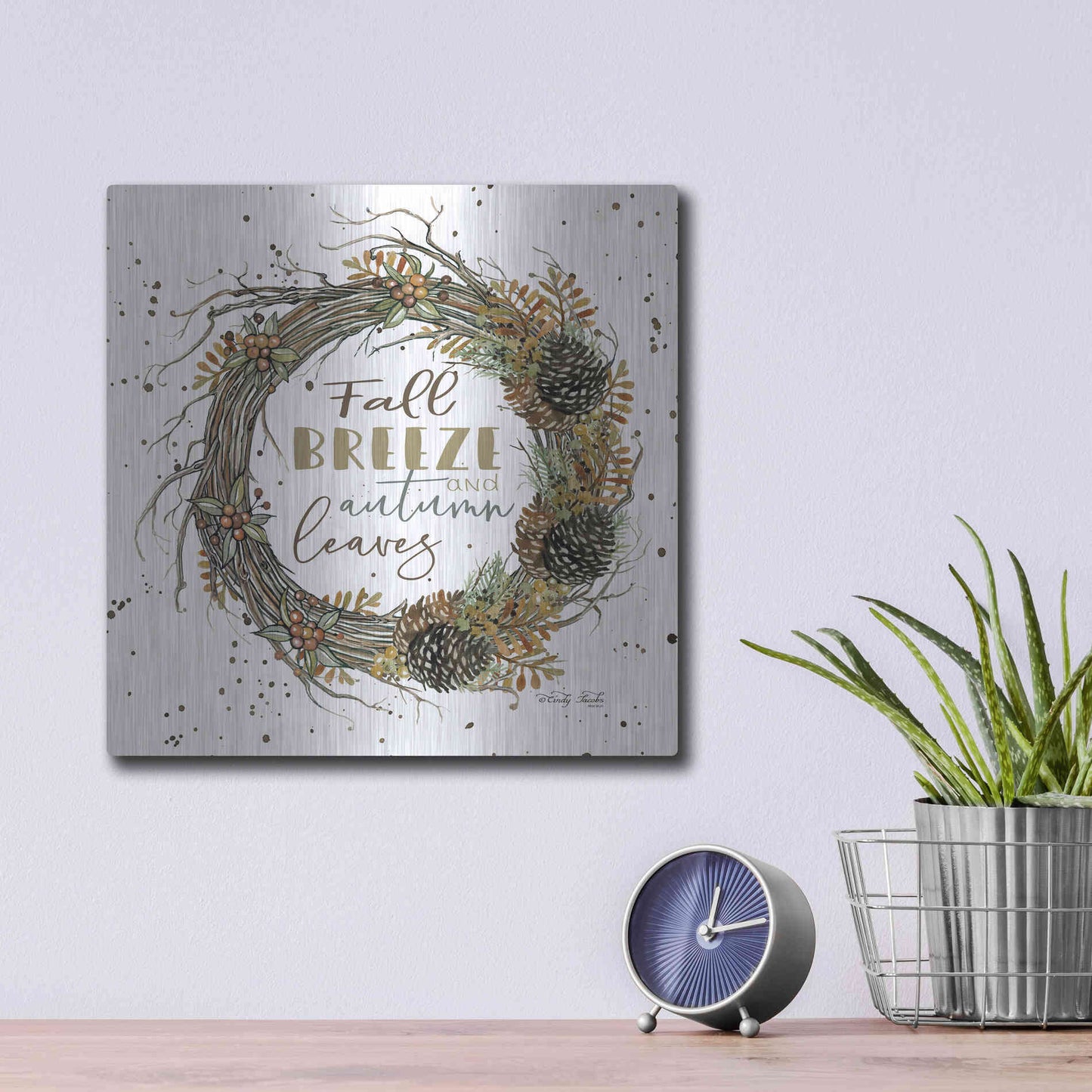 Luxe Metal Art 'Fall Breeze Wreath' by Cindy Jacobs, Metal Wall Art,12x12