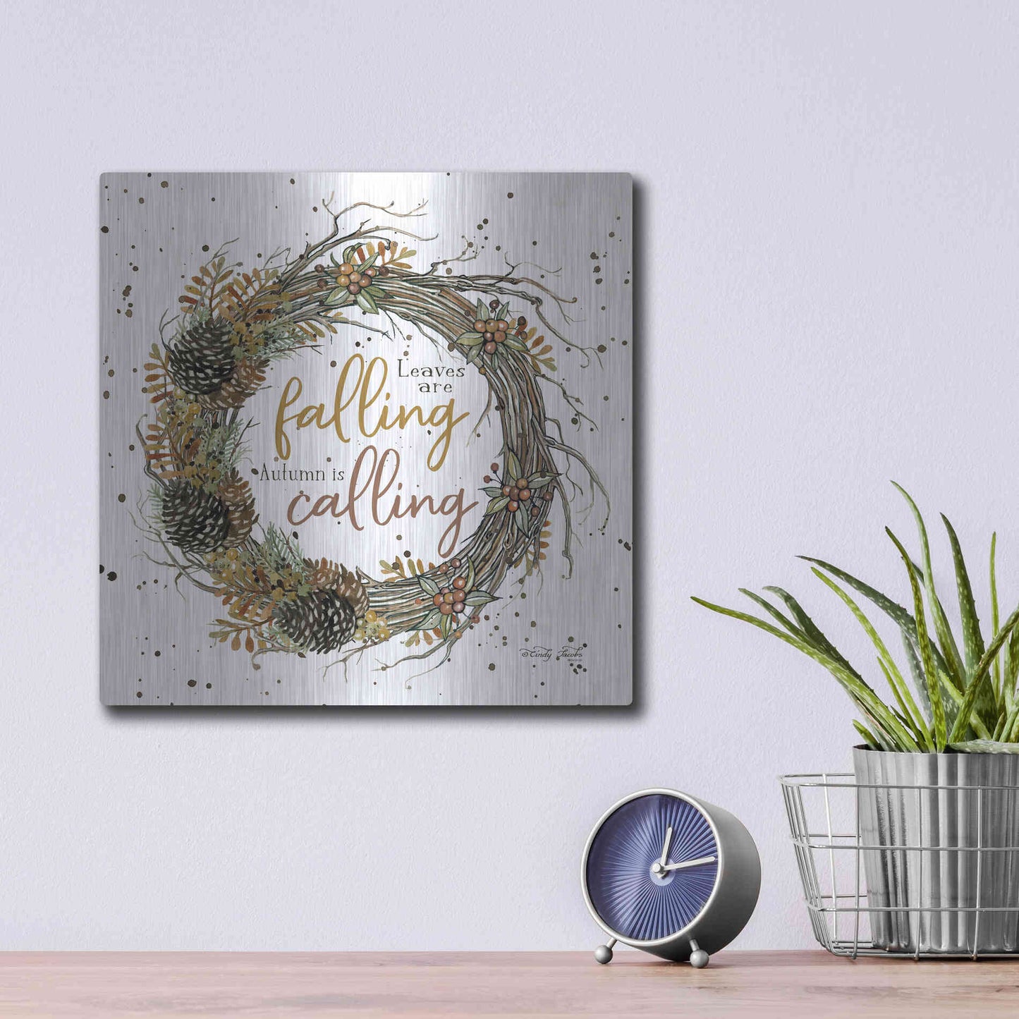 Luxe Metal Art 'Autumn in Calling Wreath' by Cindy Jacobs, Metal Wall Art,12x12