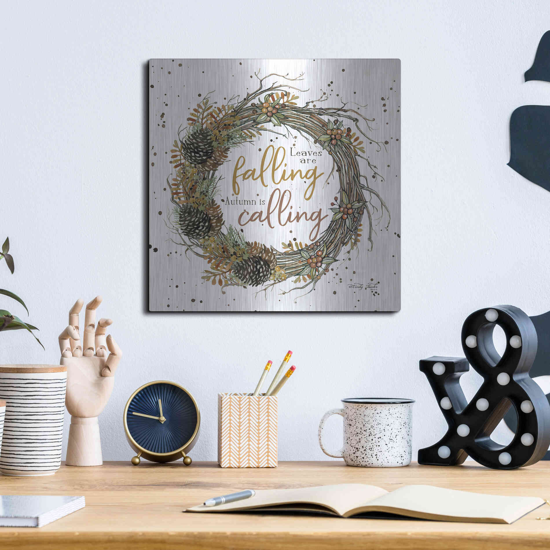 Luxe Metal Art 'Autumn in Calling Wreath' by Cindy Jacobs, Metal Wall Art,12x12