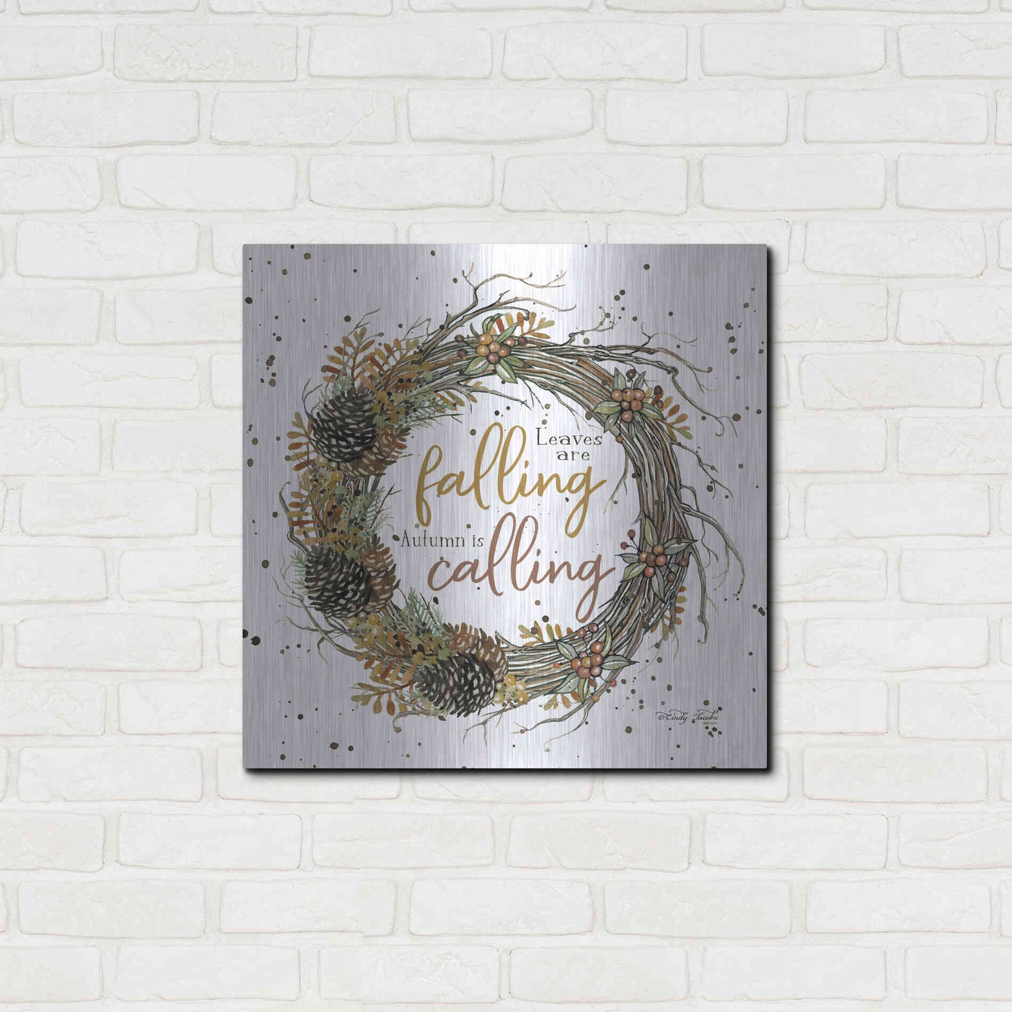 Luxe Metal Art 'Autumn in Calling Wreath' by Cindy Jacobs, Metal Wall Art,24x24