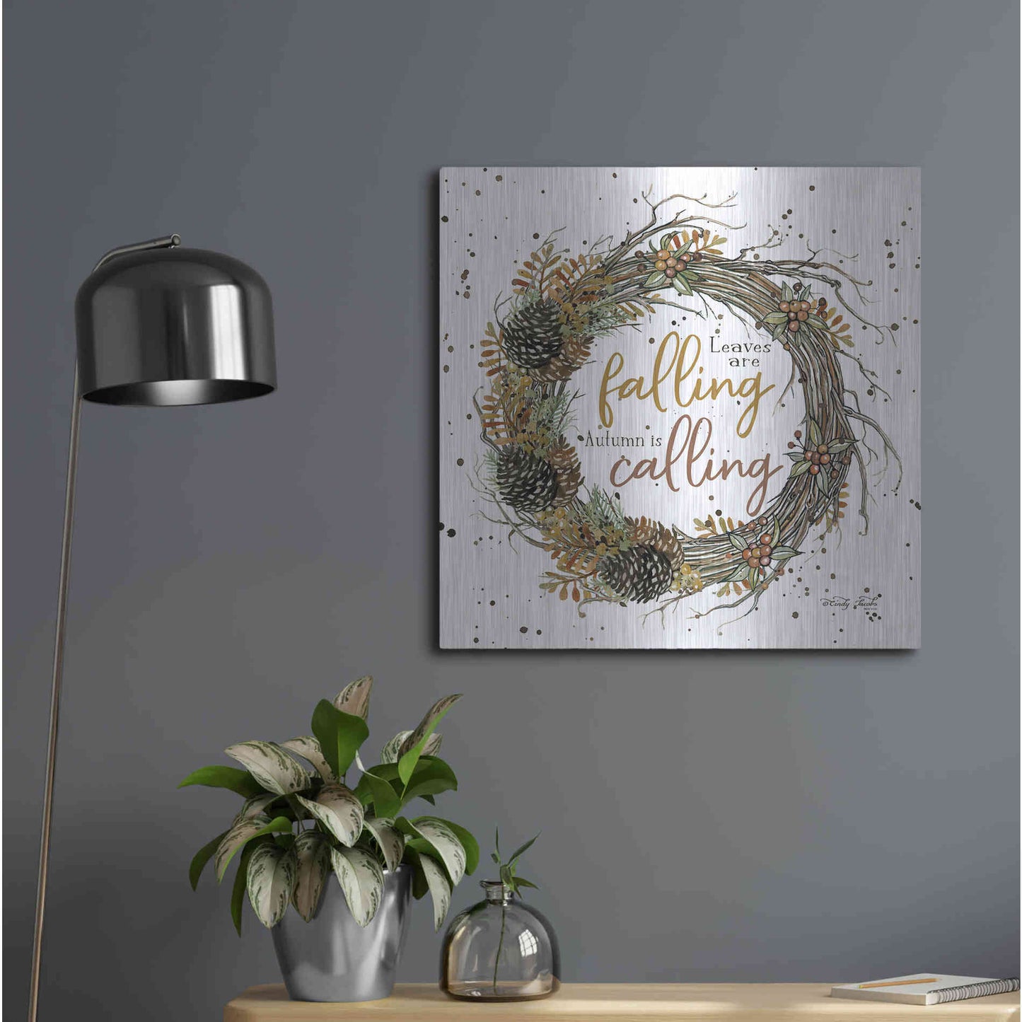 Luxe Metal Art 'Autumn in Calling Wreath' by Cindy Jacobs, Metal Wall Art,24x24