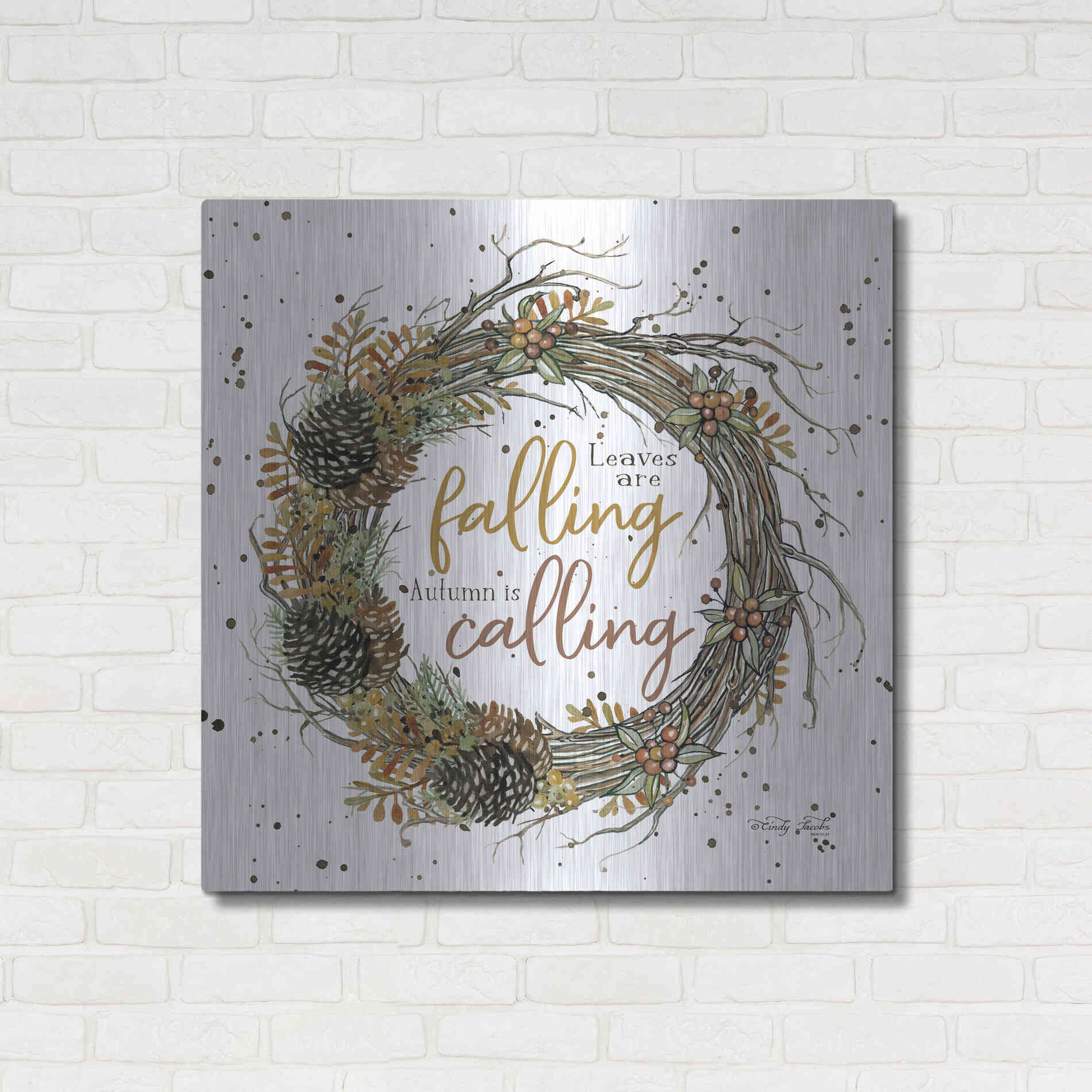 Luxe Metal Art 'Autumn in Calling Wreath' by Cindy Jacobs, Metal Wall Art,36x36