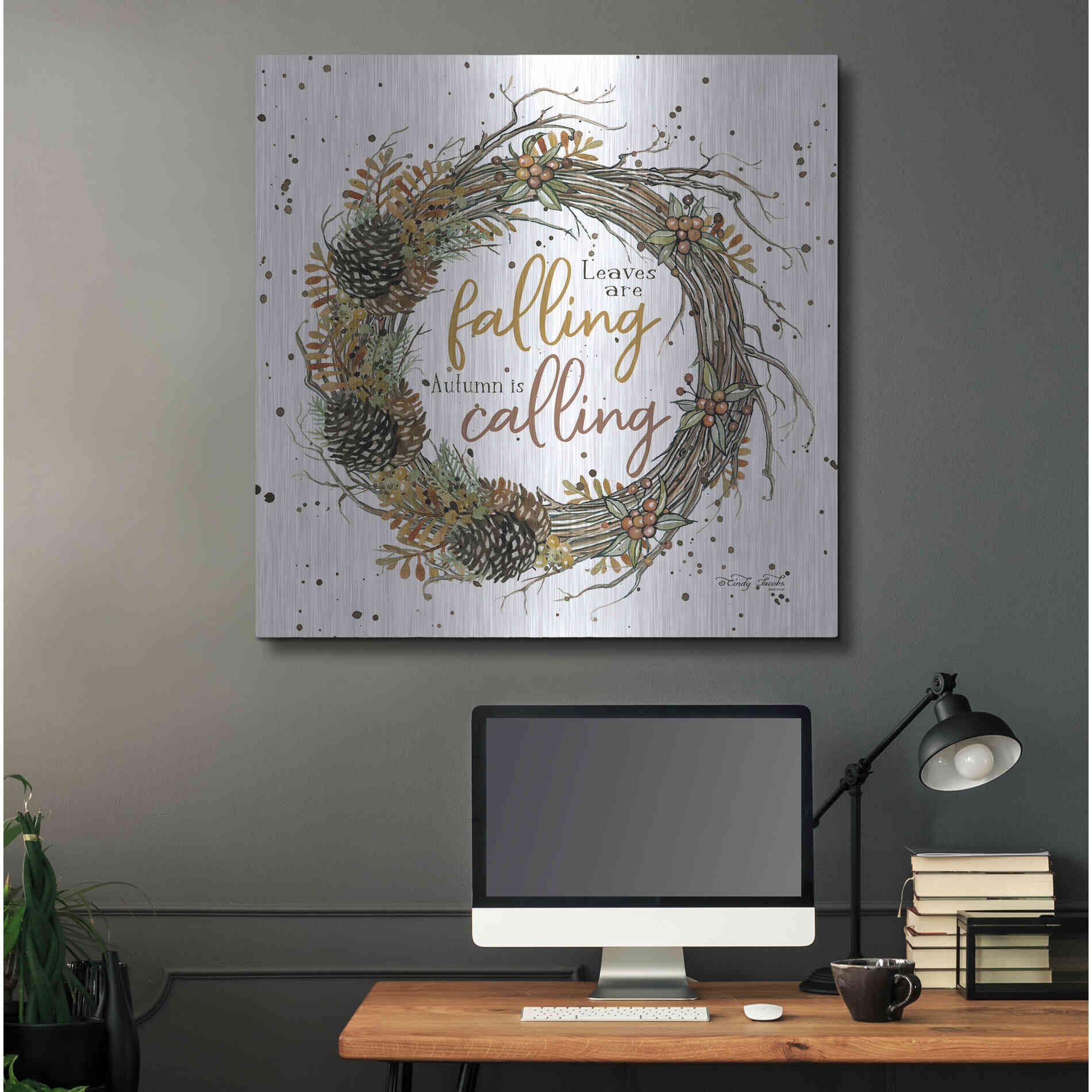 Luxe Metal Art 'Autumn in Calling Wreath' by Cindy Jacobs, Metal Wall Art,36x36