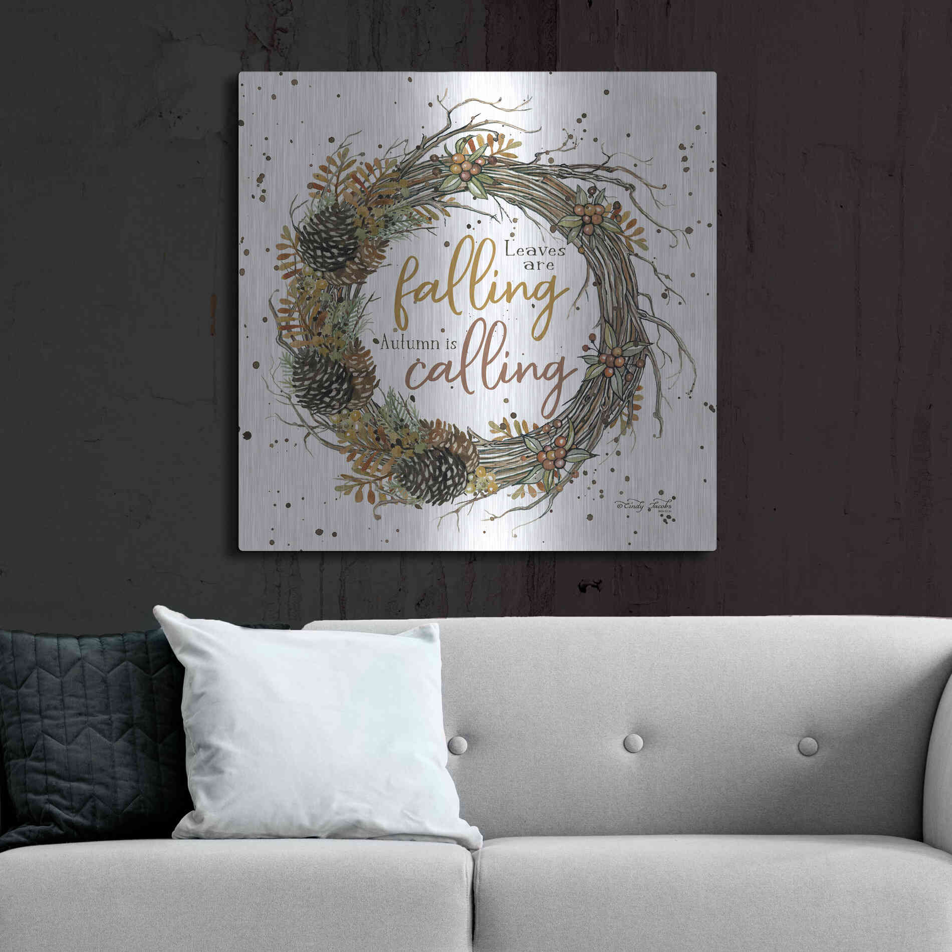 Luxe Metal Art 'Autumn in Calling Wreath' by Cindy Jacobs, Metal Wall Art,36x36