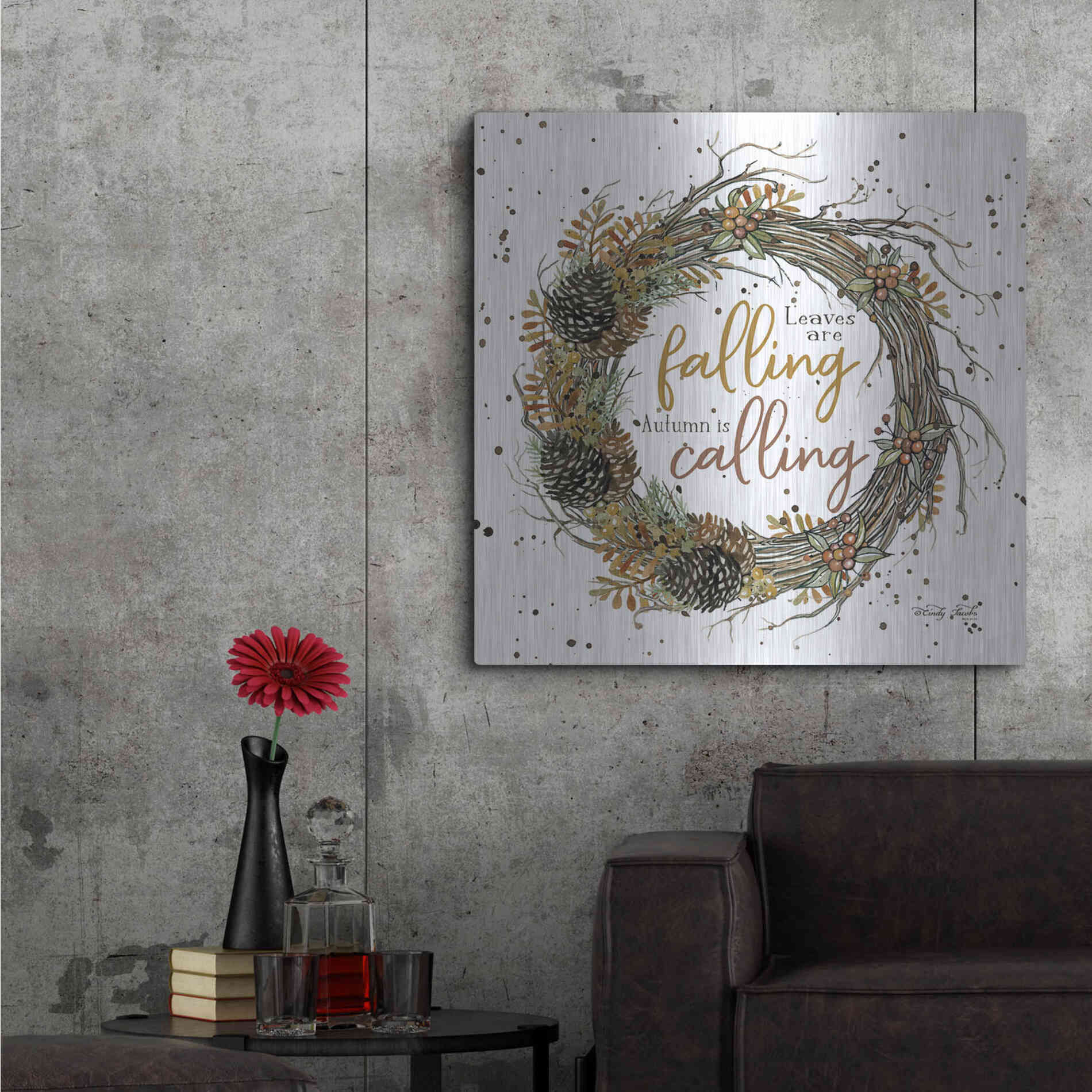 Luxe Metal Art 'Autumn in Calling Wreath' by Cindy Jacobs, Metal Wall Art,36x36