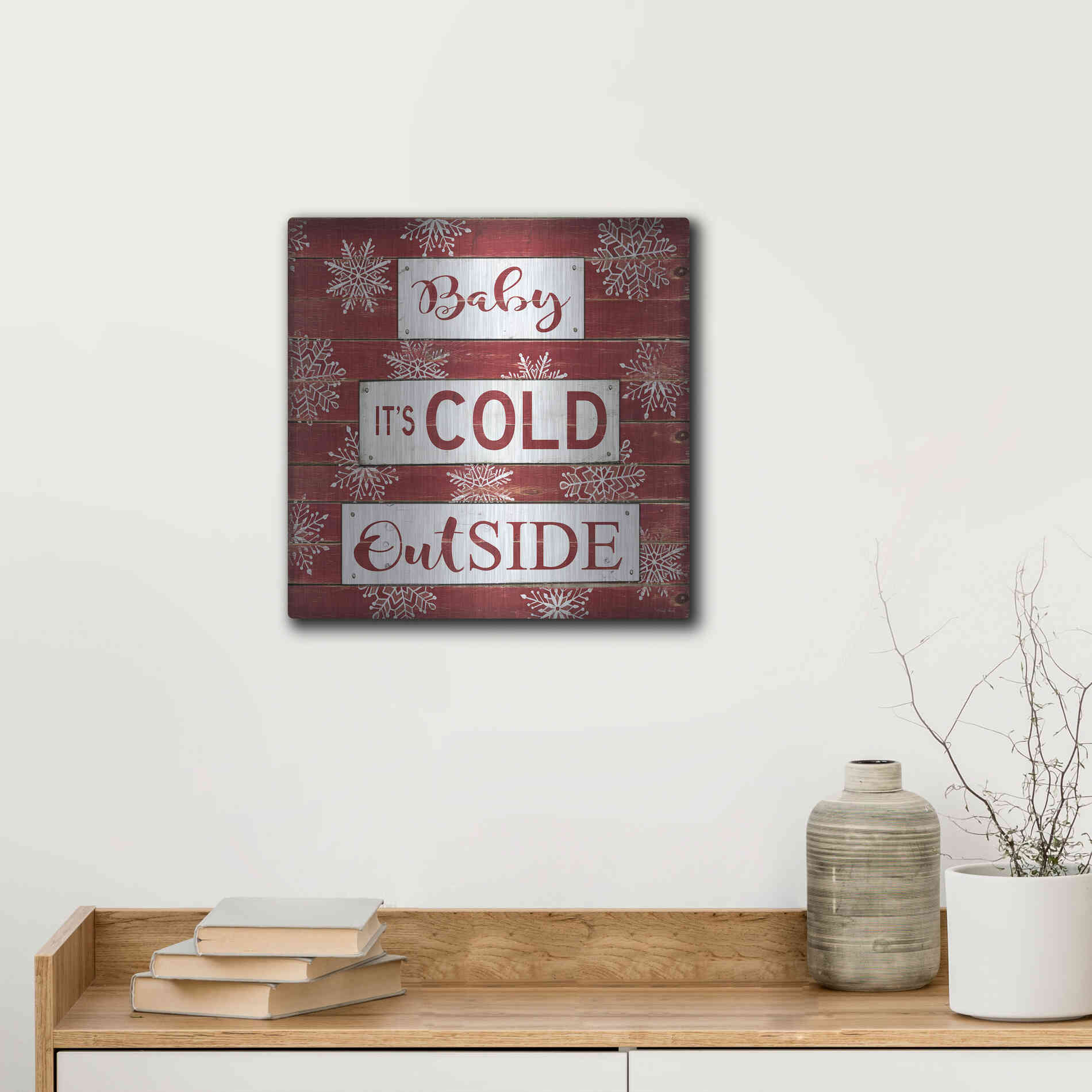 Luxe Metal Art 'Baby It's Cold Outside Red' by Cindy Jacobs, Metal Wall Art,12x12