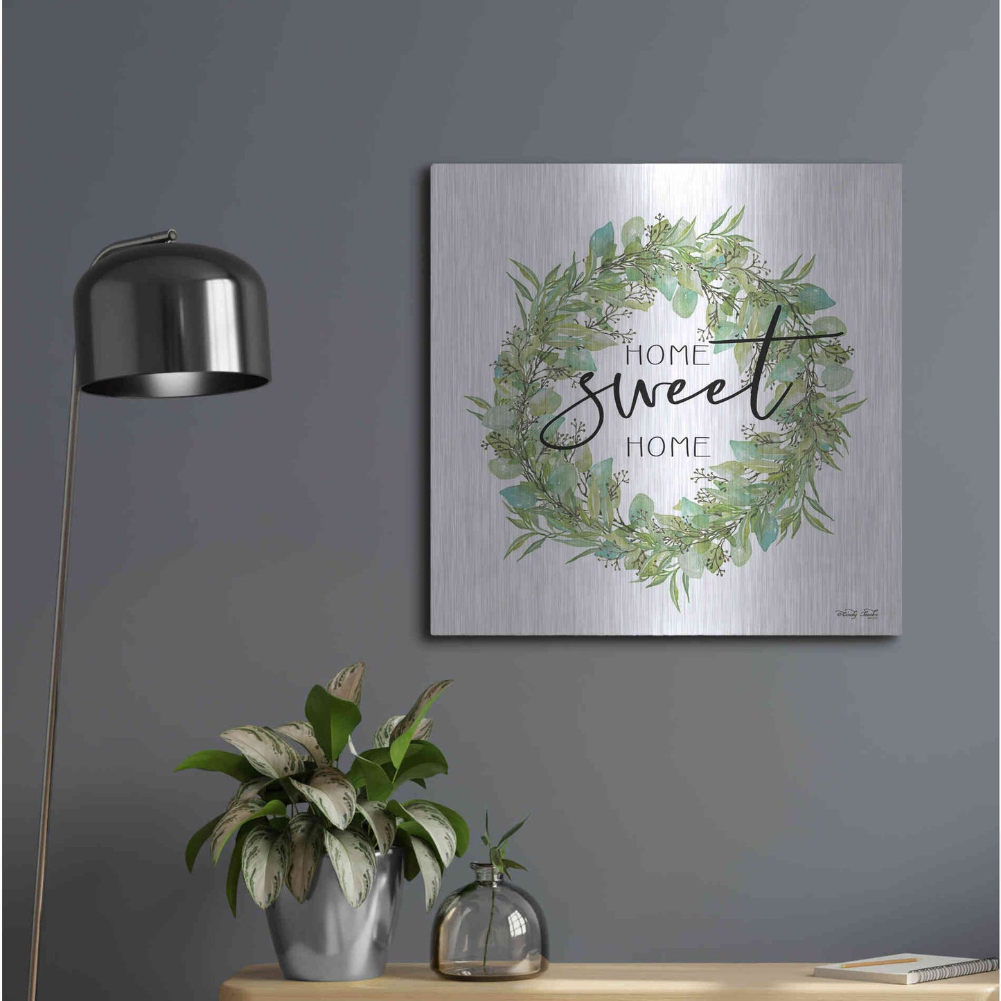 Luxe Metal Art 'Home Sweet Home Wreath I' by Cindy Jacobs, Metal Wall Art,24x24