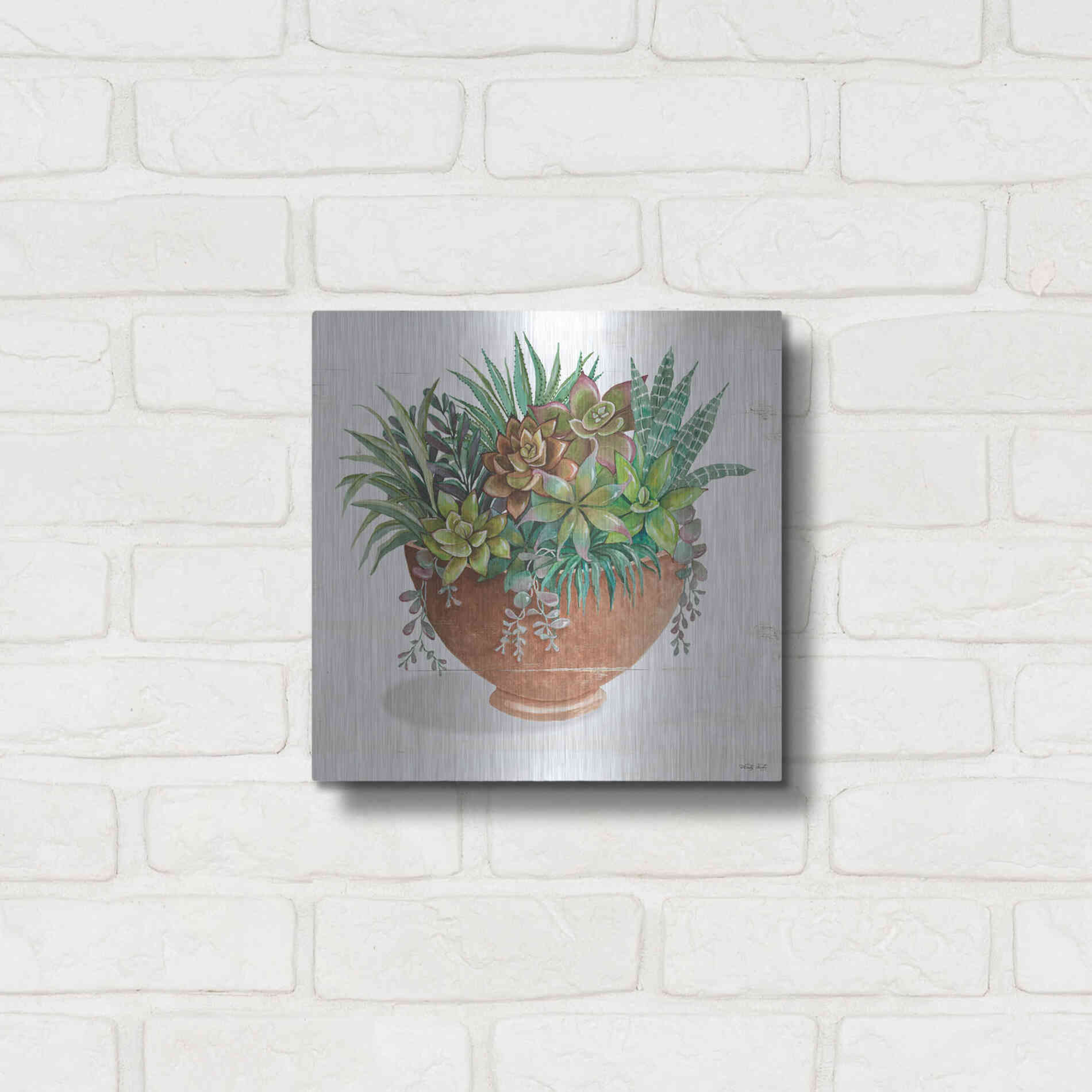 Luxe Metal Art 'Terracotta Succulents II' by Cindy Jacobs, Metal Wall Art,12x12