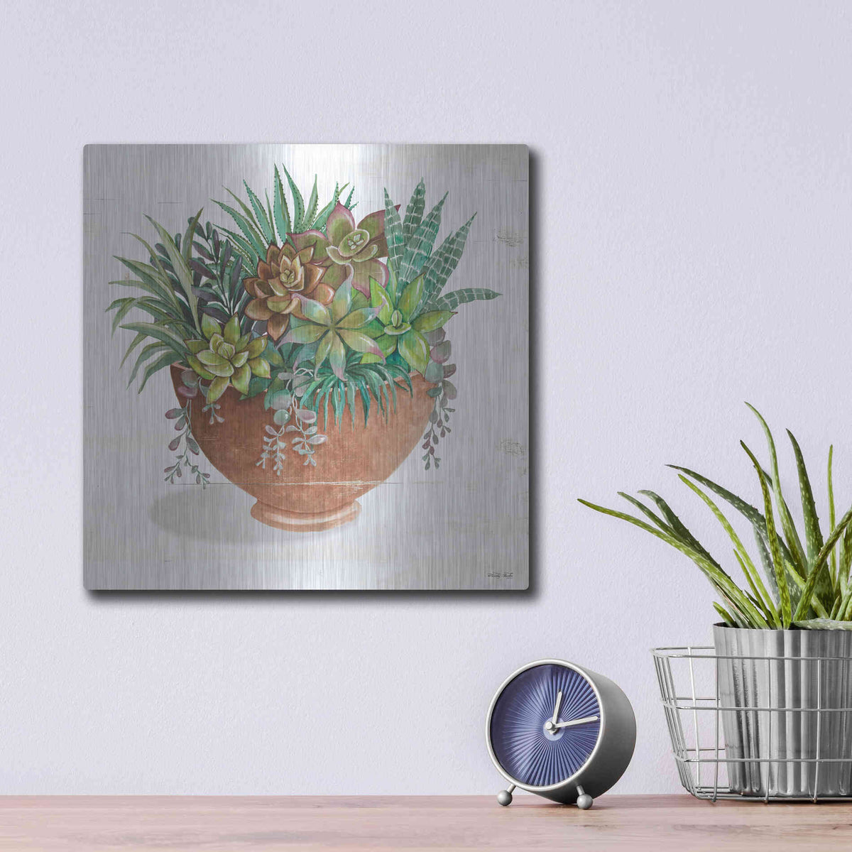 Luxe Metal Art 'Terracotta Succulents II' by Cindy Jacobs, Metal Wall Art,12x12