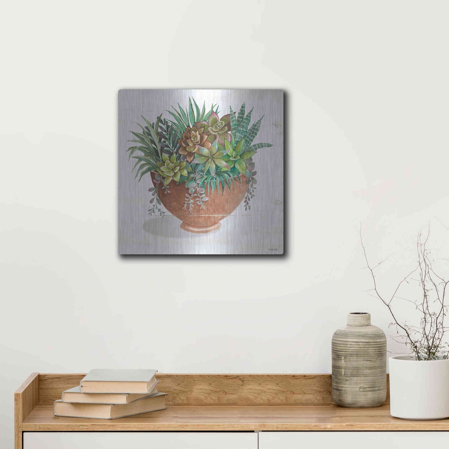 Luxe Metal Art 'Terracotta Succulents II' by Cindy Jacobs, Metal Wall Art,12x12