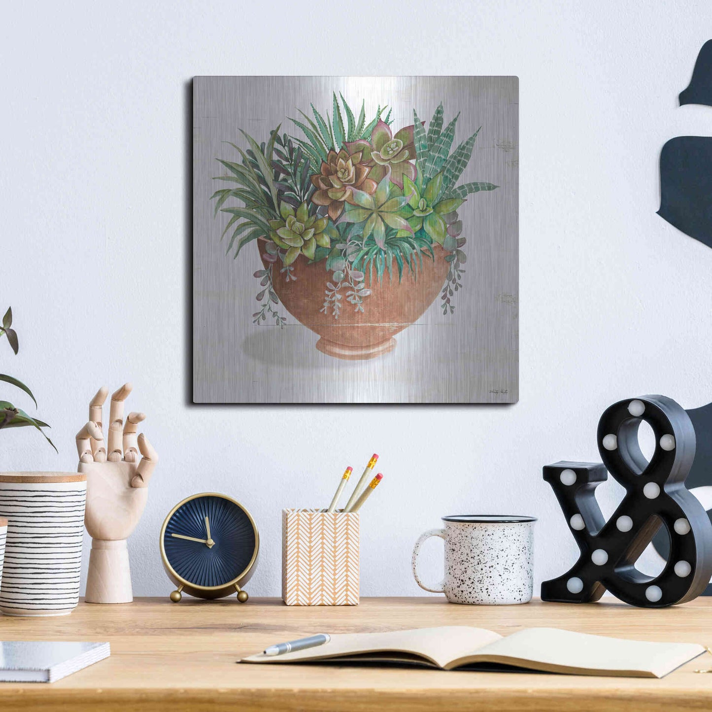 Luxe Metal Art 'Terracotta Succulents II' by Cindy Jacobs, Metal Wall Art,12x12