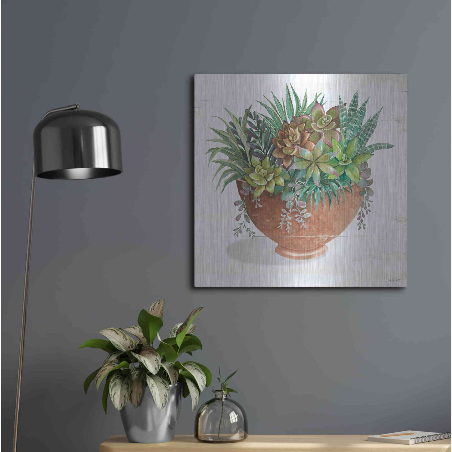 Luxe Metal Art 'Terracotta Succulents II' by Cindy Jacobs, Metal Wall Art,24x24