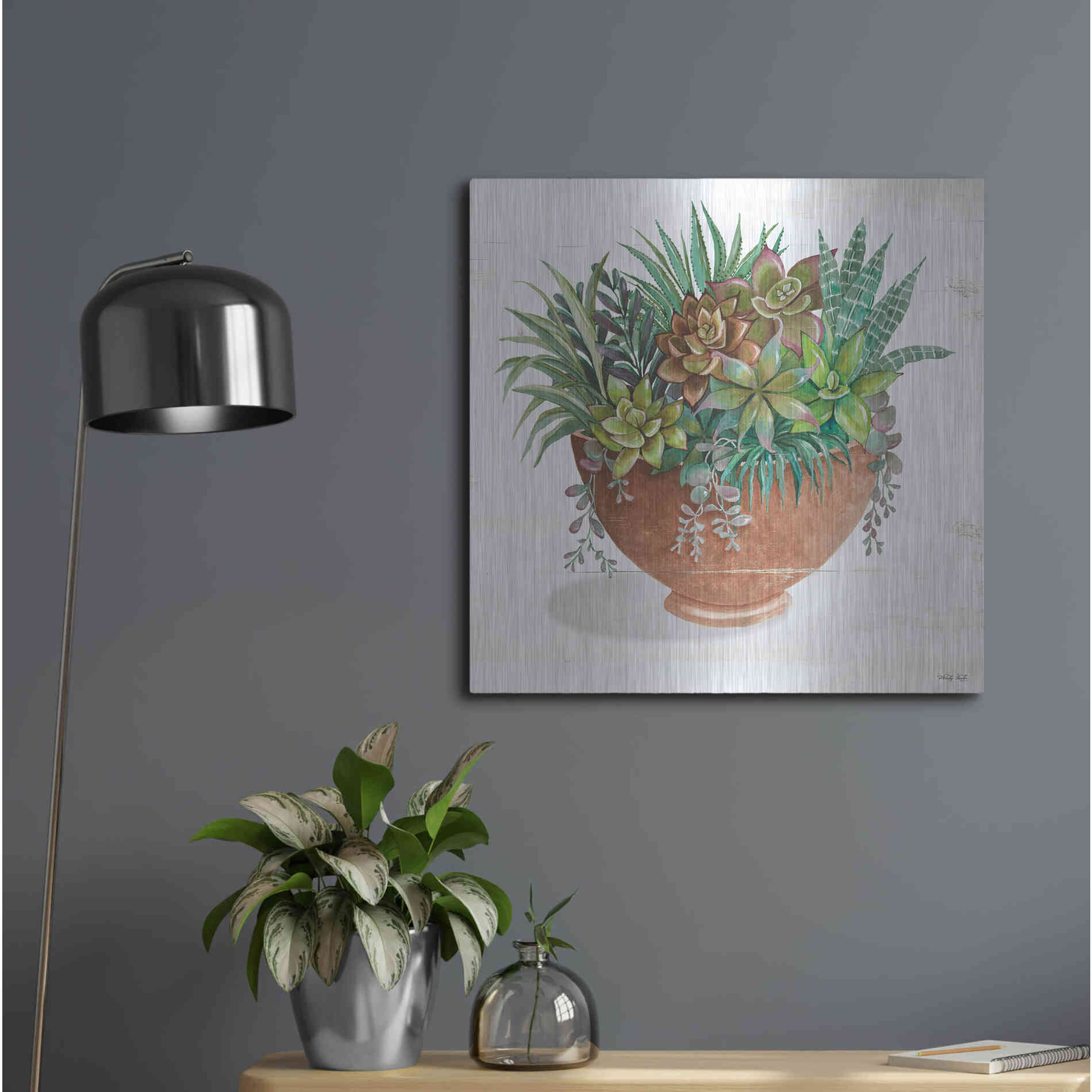 Luxe Metal Art 'Terracotta Succulents II' by Cindy Jacobs, Metal Wall Art,24x24