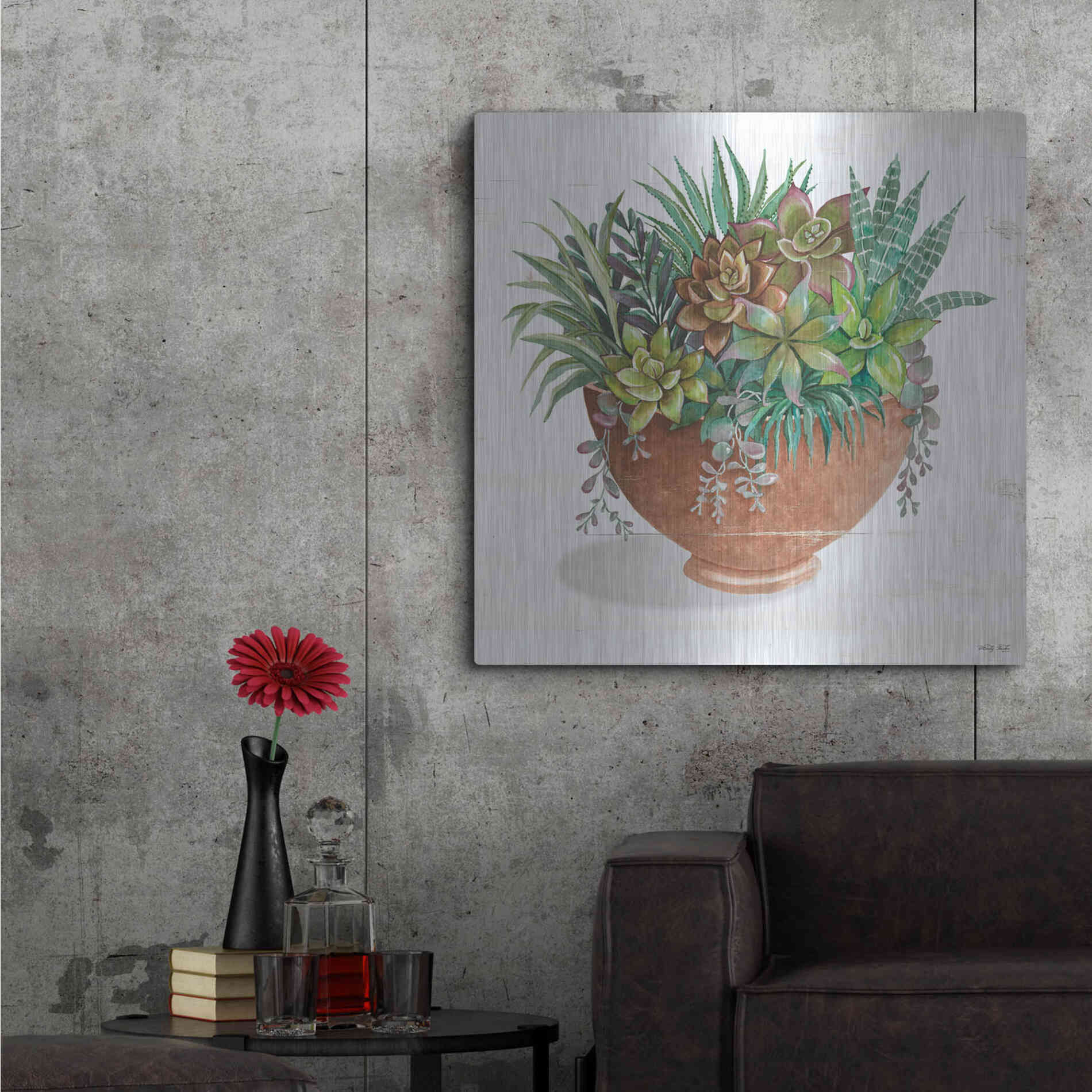 Luxe Metal Art 'Terracotta Succulents II' by Cindy Jacobs, Metal Wall Art,36x36