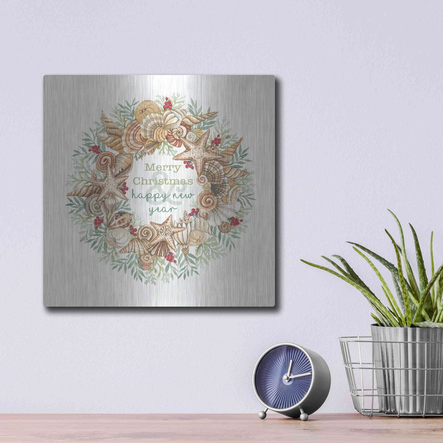 Luxe Metal Art 'Coastal Wreath Merry Christmas' by Cindy Jacobs, Metal Wall Art,12x12
