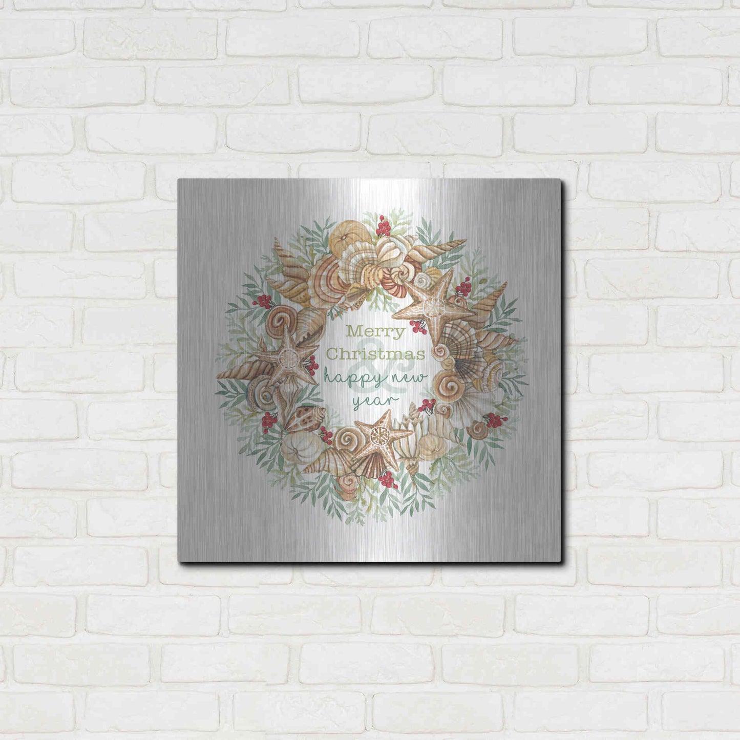 Luxe Metal Art 'Coastal Wreath Merry Christmas' by Cindy Jacobs, Metal Wall Art,24x24