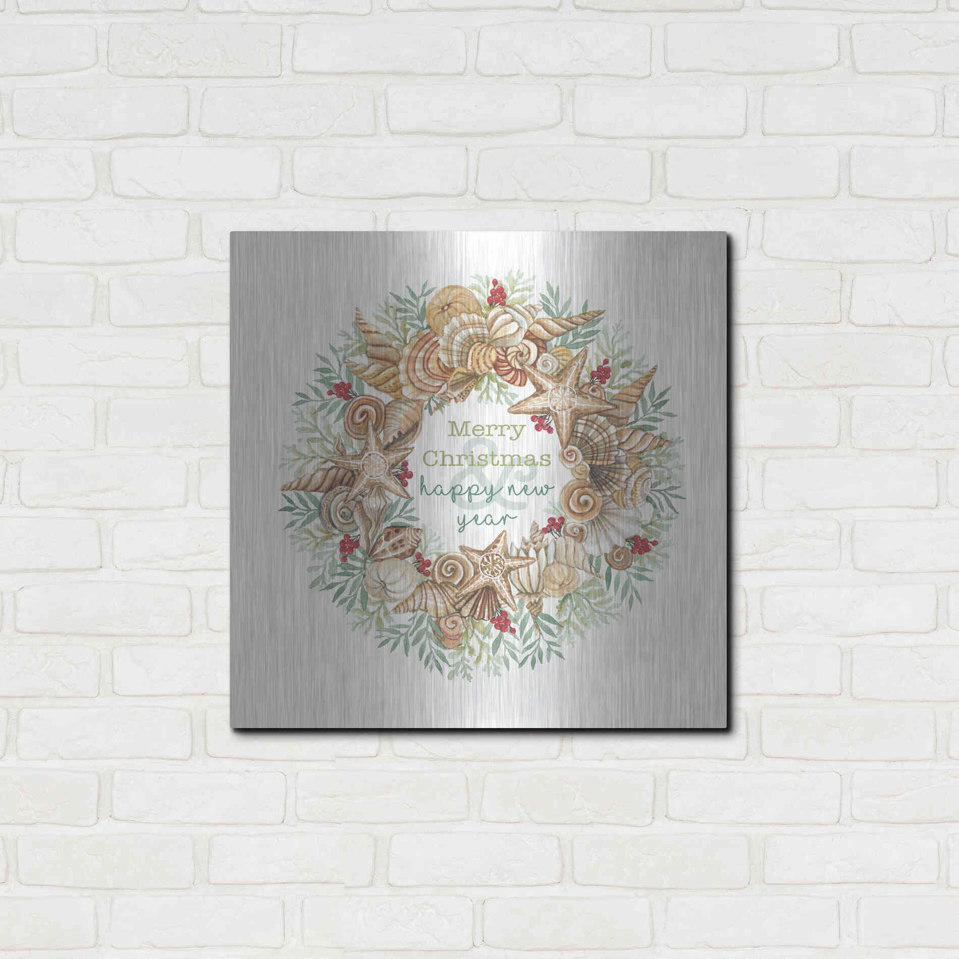 Luxe Metal Art 'Coastal Wreath Merry Christmas' by Cindy Jacobs, Metal Wall Art,24x24