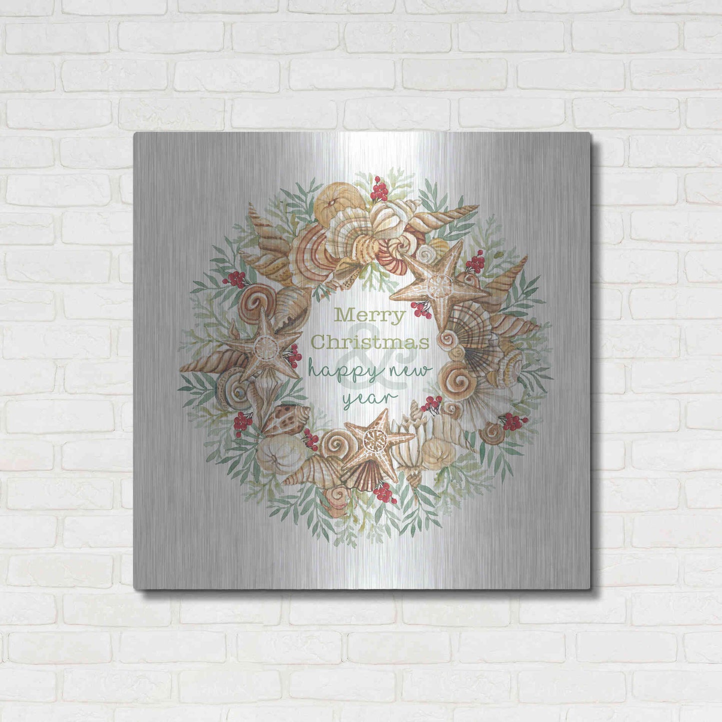 Luxe Metal Art 'Coastal Wreath Merry Christmas' by Cindy Jacobs, Metal Wall Art,36x36