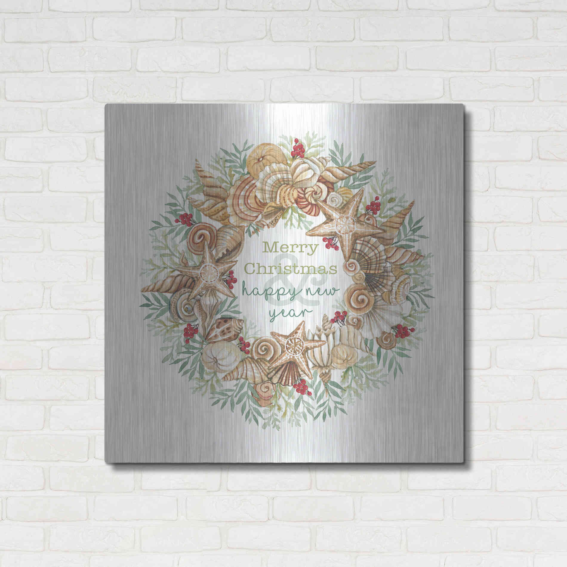 Luxe Metal Art 'Coastal Wreath Merry Christmas' by Cindy Jacobs, Metal Wall Art,36x36