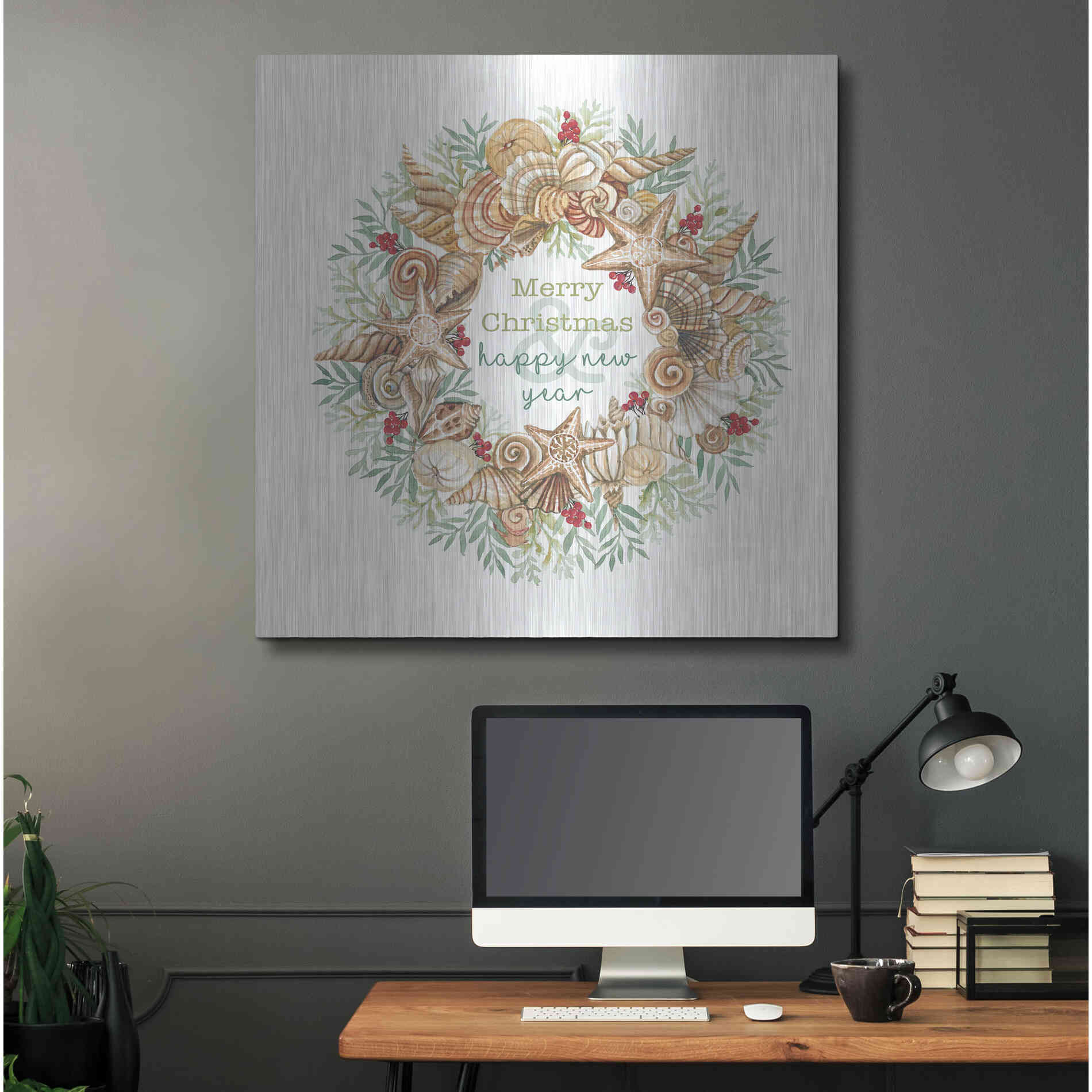 Luxe Metal Art 'Coastal Wreath Merry Christmas' by Cindy Jacobs, Metal Wall Art,36x36