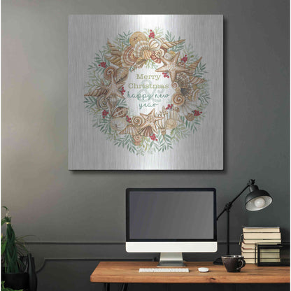 Luxe Metal Art 'Coastal Wreath Merry Christmas' by Cindy Jacobs, Metal Wall Art,36x36