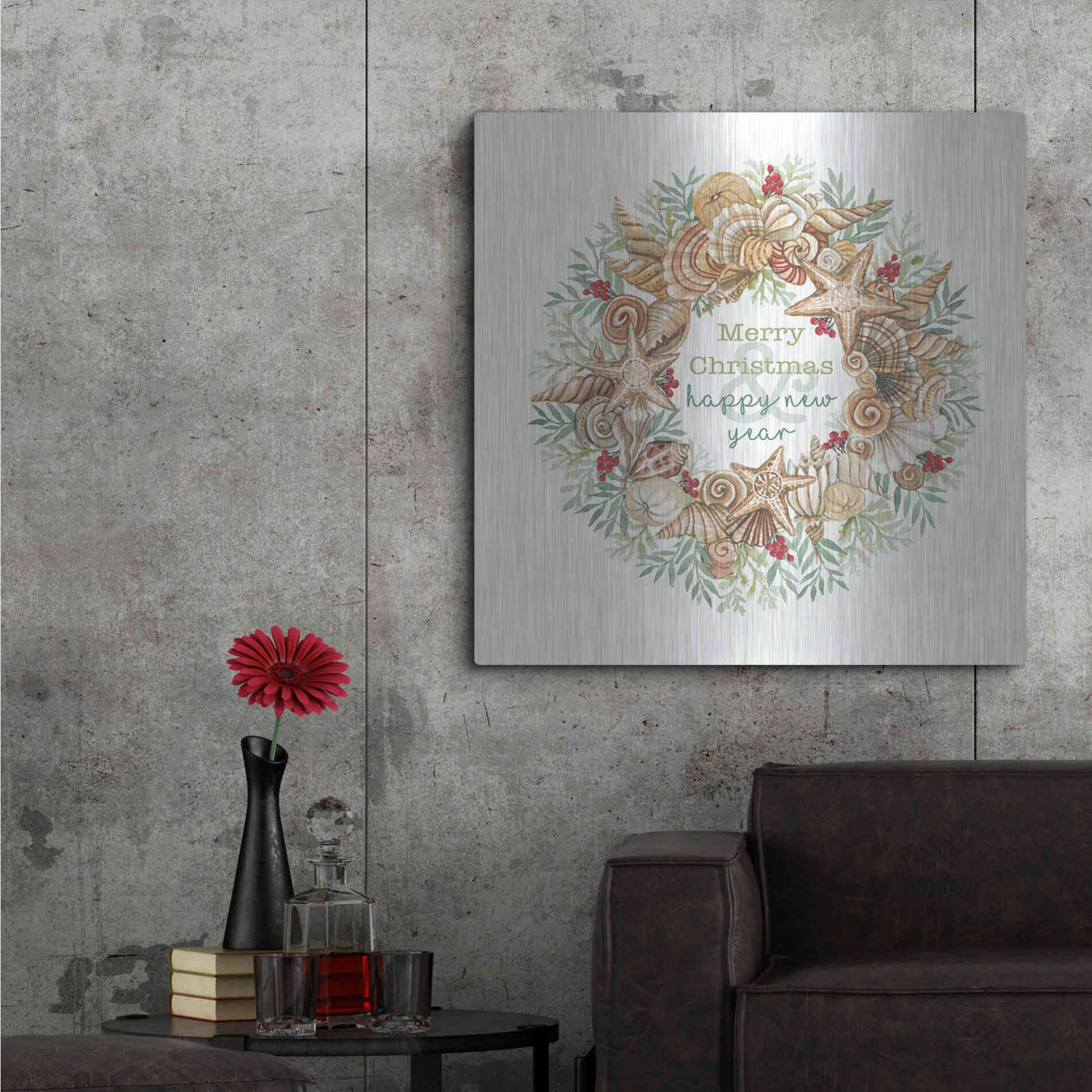 Luxe Metal Art 'Coastal Wreath Merry Christmas' by Cindy Jacobs, Metal Wall Art,36x36