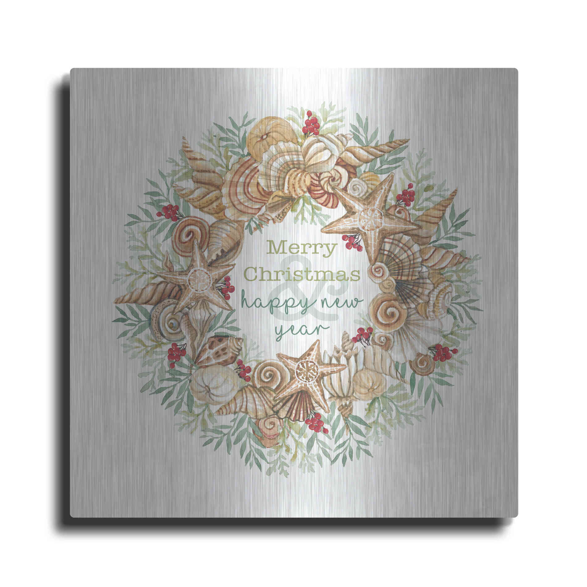 Luxe Metal Art 'Coastal Wreath Merry Christmas' by Cindy Jacobs, Metal Wall Art