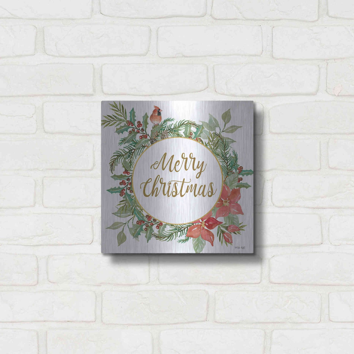 Luxe Metal Art 'Merry Christmas Cardinal Wreath' by Cindy Jacobs, Metal Wall Art,12x12