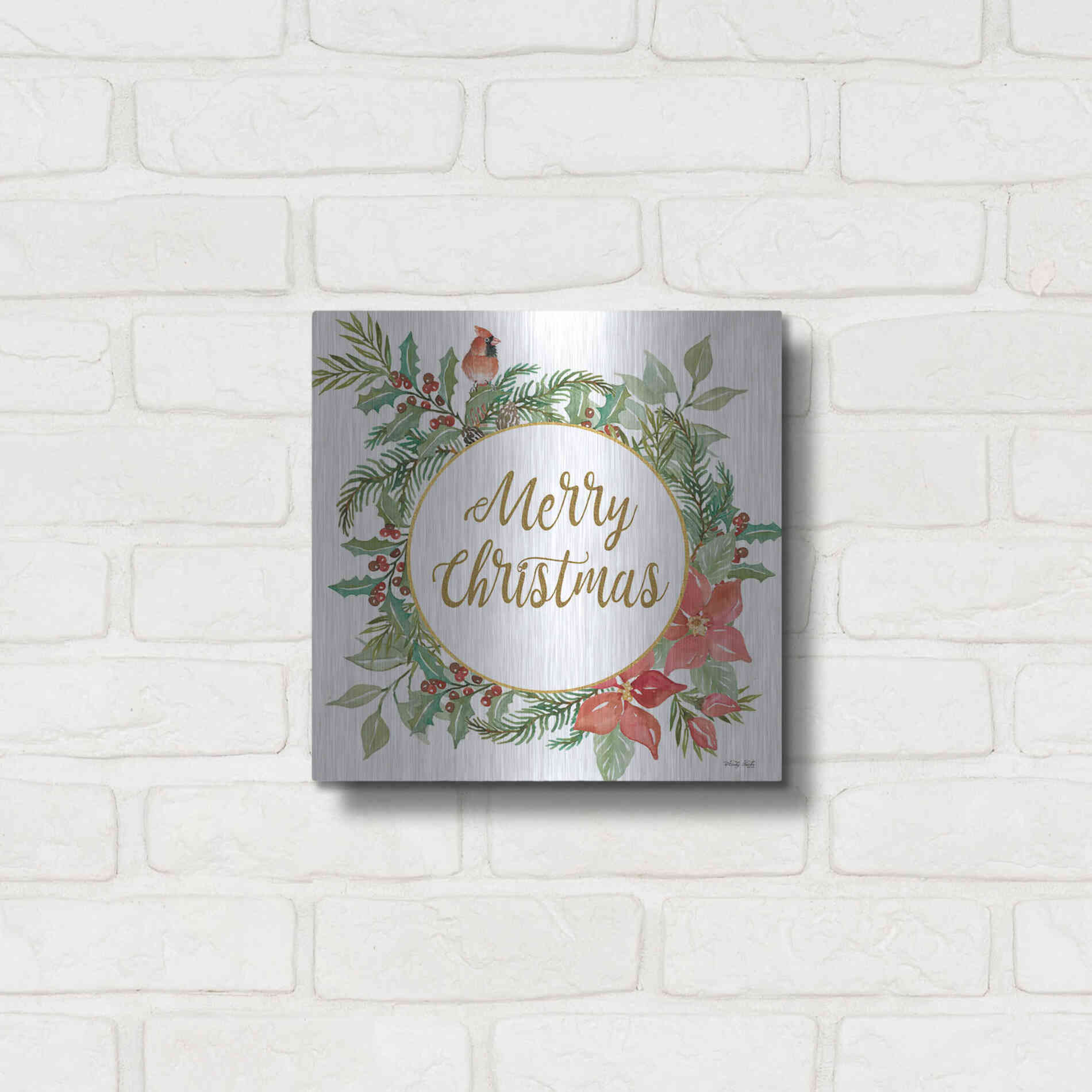 Luxe Metal Art 'Merry Christmas Cardinal Wreath' by Cindy Jacobs, Metal Wall Art,12x12