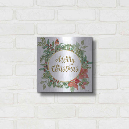 Luxe Metal Art 'Merry Christmas Cardinal Wreath' by Cindy Jacobs, Metal Wall Art,12x12