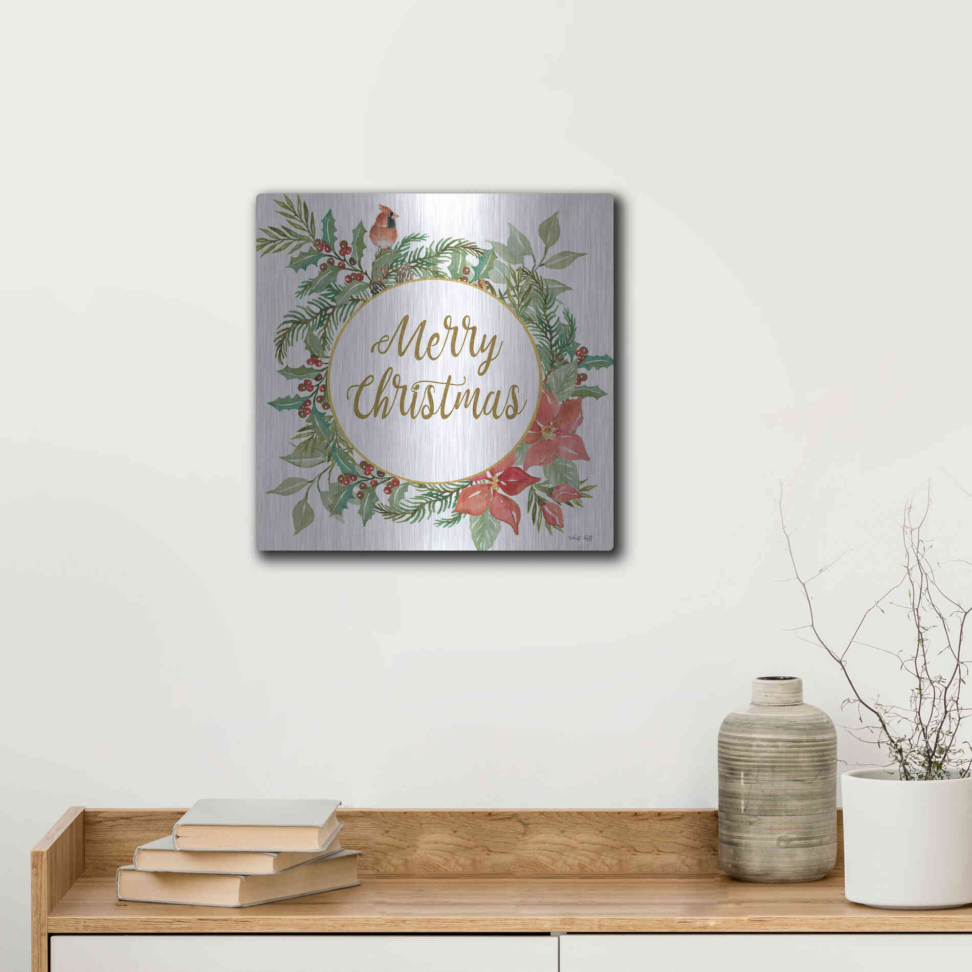 Luxe Metal Art 'Merry Christmas Cardinal Wreath' by Cindy Jacobs, Metal Wall Art,12x12