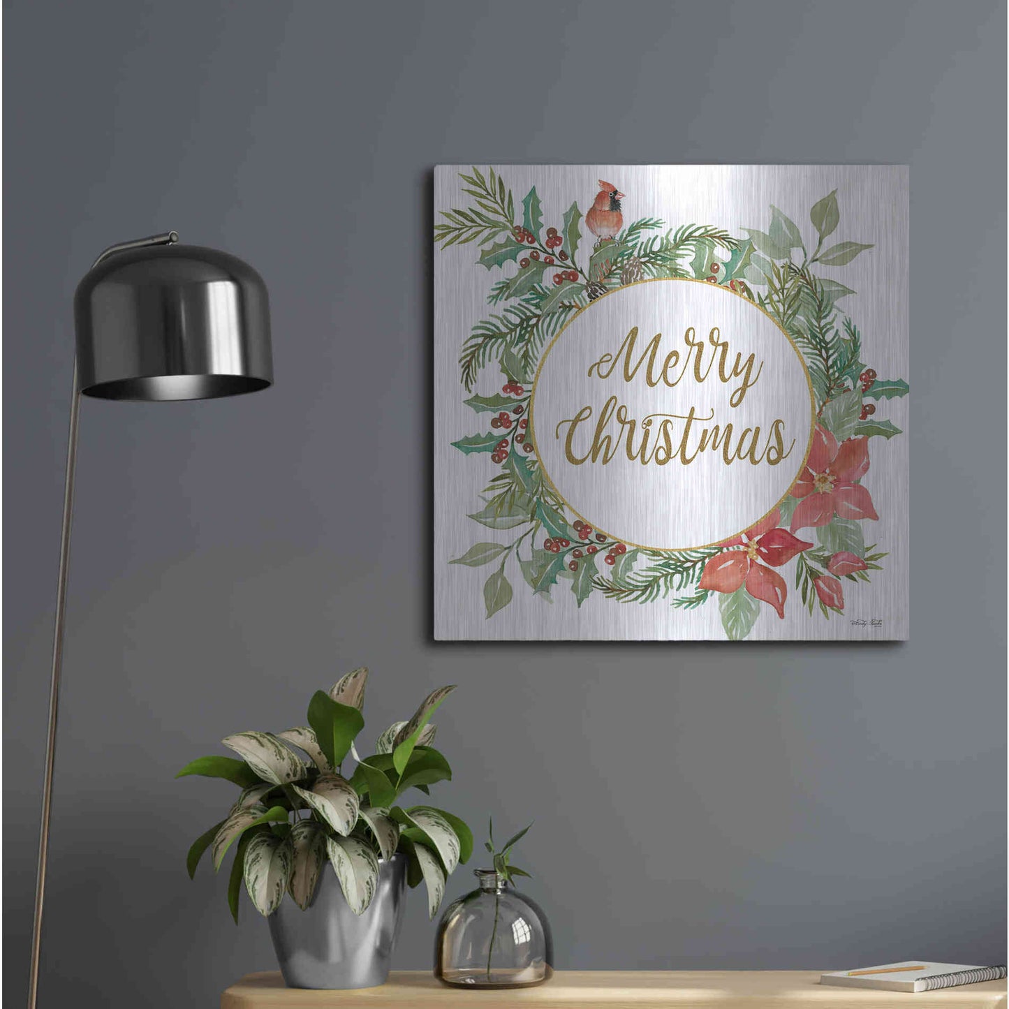 Luxe Metal Art 'Merry Christmas Cardinal Wreath' by Cindy Jacobs, Metal Wall Art,24x24