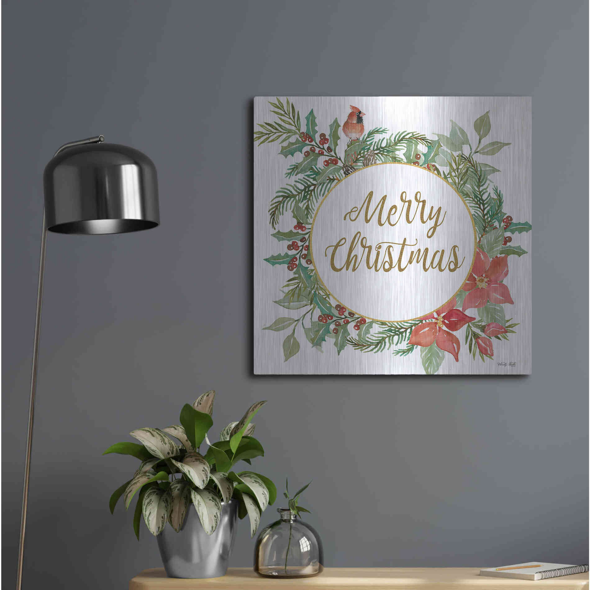 Luxe Metal Art 'Merry Christmas Cardinal Wreath' by Cindy Jacobs, Metal Wall Art,24x24
