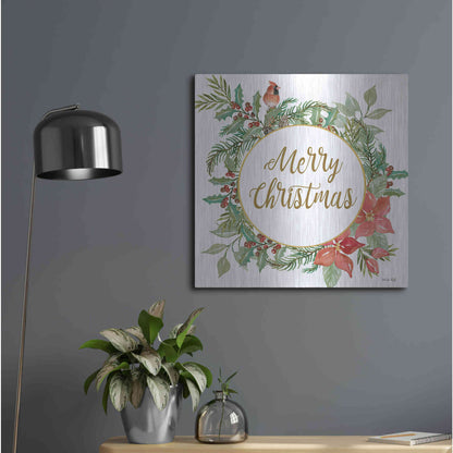 Luxe Metal Art 'Merry Christmas Cardinal Wreath' by Cindy Jacobs, Metal Wall Art,24x24