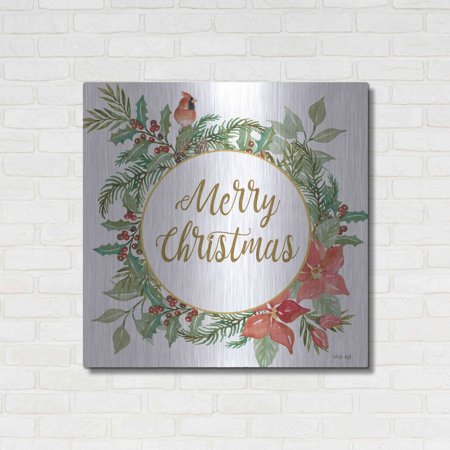Luxe Metal Art 'Merry Christmas Cardinal Wreath' by Cindy Jacobs, Metal Wall Art,36x36