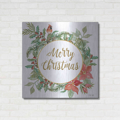 Luxe Metal Art 'Merry Christmas Cardinal Wreath' by Cindy Jacobs, Metal Wall Art,36x36