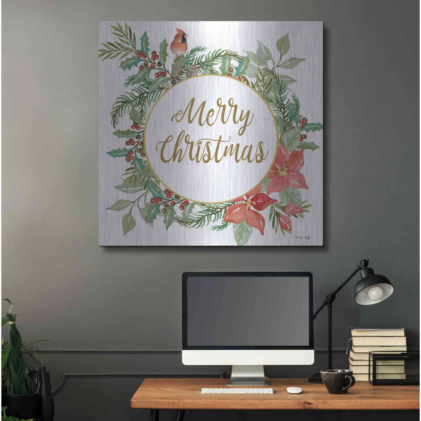 Luxe Metal Art 'Merry Christmas Cardinal Wreath' by Cindy Jacobs, Metal Wall Art,36x36