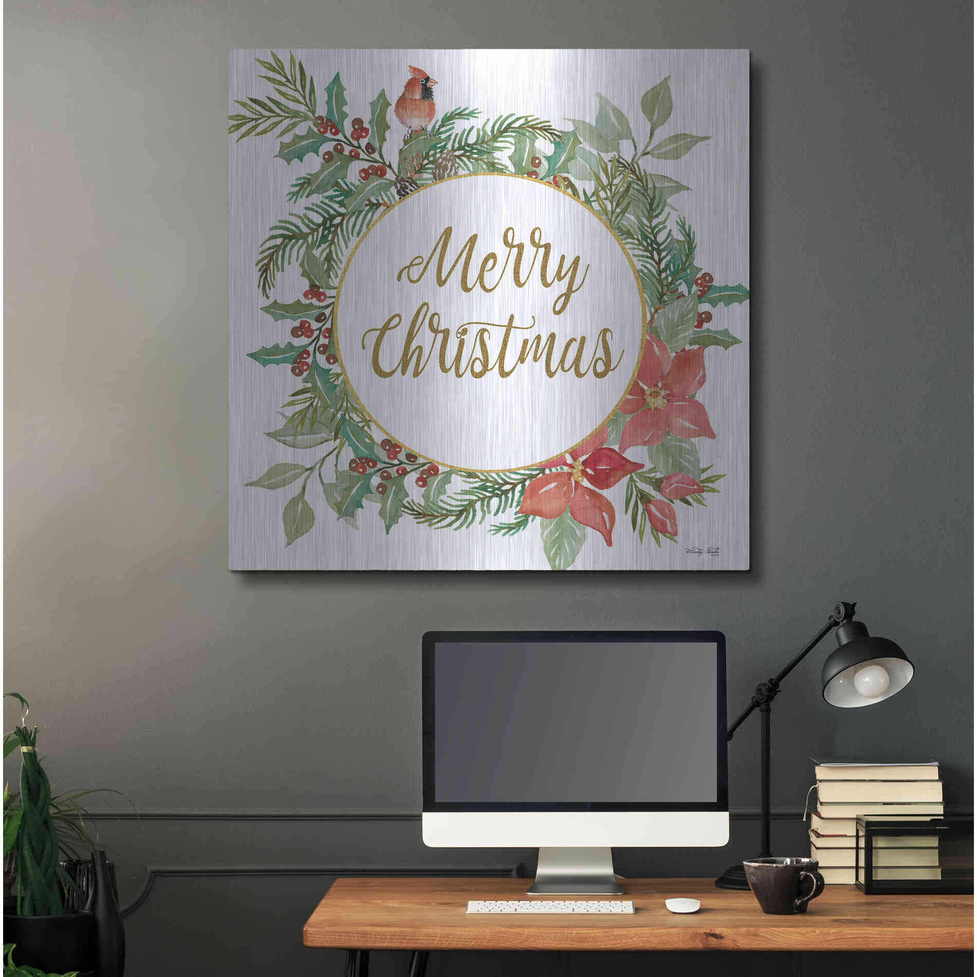 Luxe Metal Art 'Merry Christmas Cardinal Wreath' by Cindy Jacobs, Metal Wall Art,36x36