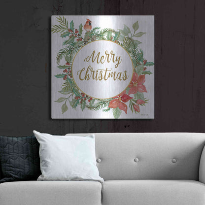 Luxe Metal Art 'Merry Christmas Cardinal Wreath' by Cindy Jacobs, Metal Wall Art,36x36